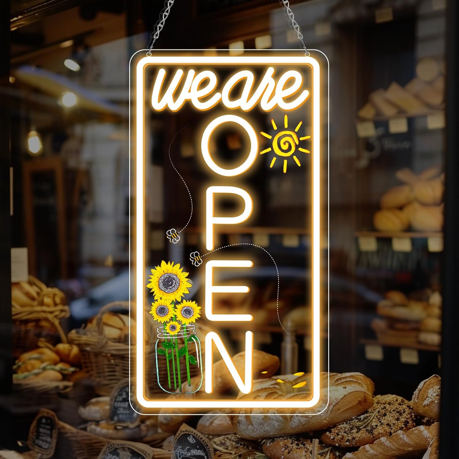 Neon We are Open Signs for Business, 16.5x9'' Open Sign with Printed Flower and Sun, with ON/OFF Switch & Adapter, Daylight White, Ideal for Window, Party, Wall, Bars, Coffee Shops, Salons, Clubs, Hotels, Vertical