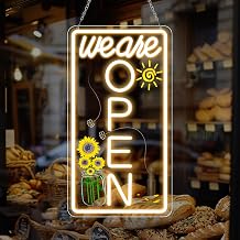 Neon We Are Open Signs for Business, 16.5x9'' Open Sign with Printed Flower and Sun, with ON/OFF Switch & Adapter, Warm White, Ideal for Window, Party, Wall, Bars, Coffee Shops, Salons, Clubs, Hotels, Vertical