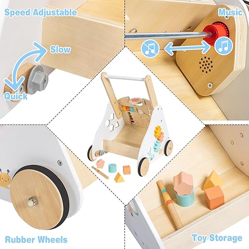 Miniatura 3 de Andador de madera para bebés, andador de empuje con caja de música, juguete de empuje para niños pequeños con velocidad ajustable, caminador de
