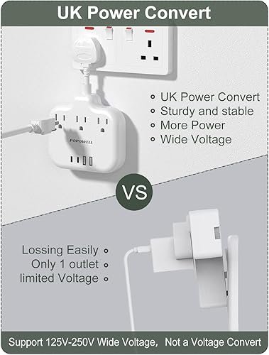 Miniatura 6 de Adaptador de enchufe de viaje para Reino Unido con USB C, regleta de alimentación del Reino Unido con 4 USB (2 Tipo-C), tipo G, adaptador de enchufe