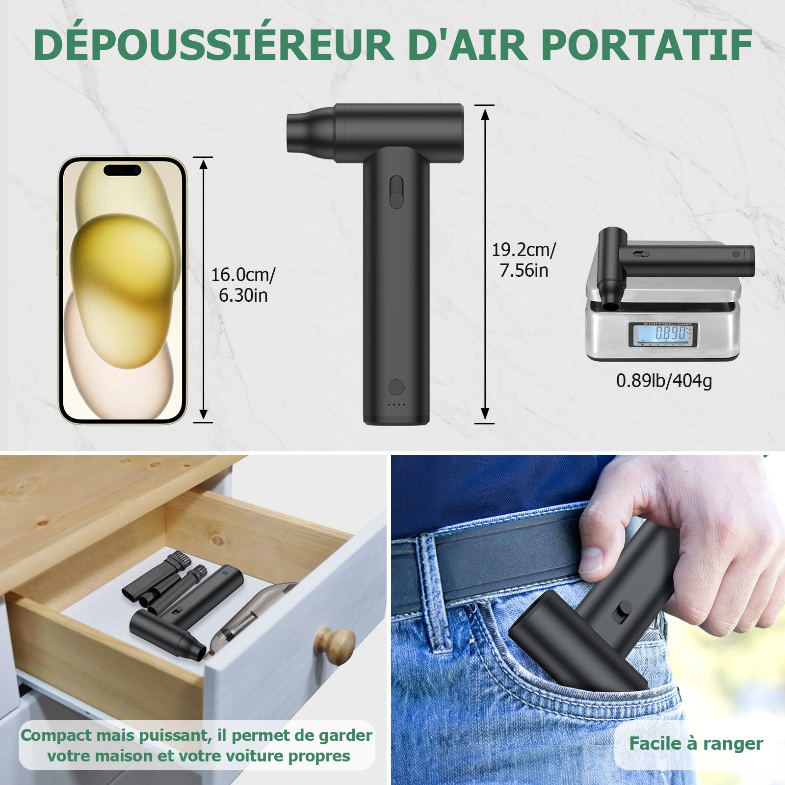 JiGiU Souffleur Air Comprimé 2 en 1 Mini Aspirateur de Voiture sans Fil Portable, 125000 TR/Min, Souffleur Électrique pour PC, 8000mAh Rechargeable avec 4 Buses pour Voiture, Maison et Bureau