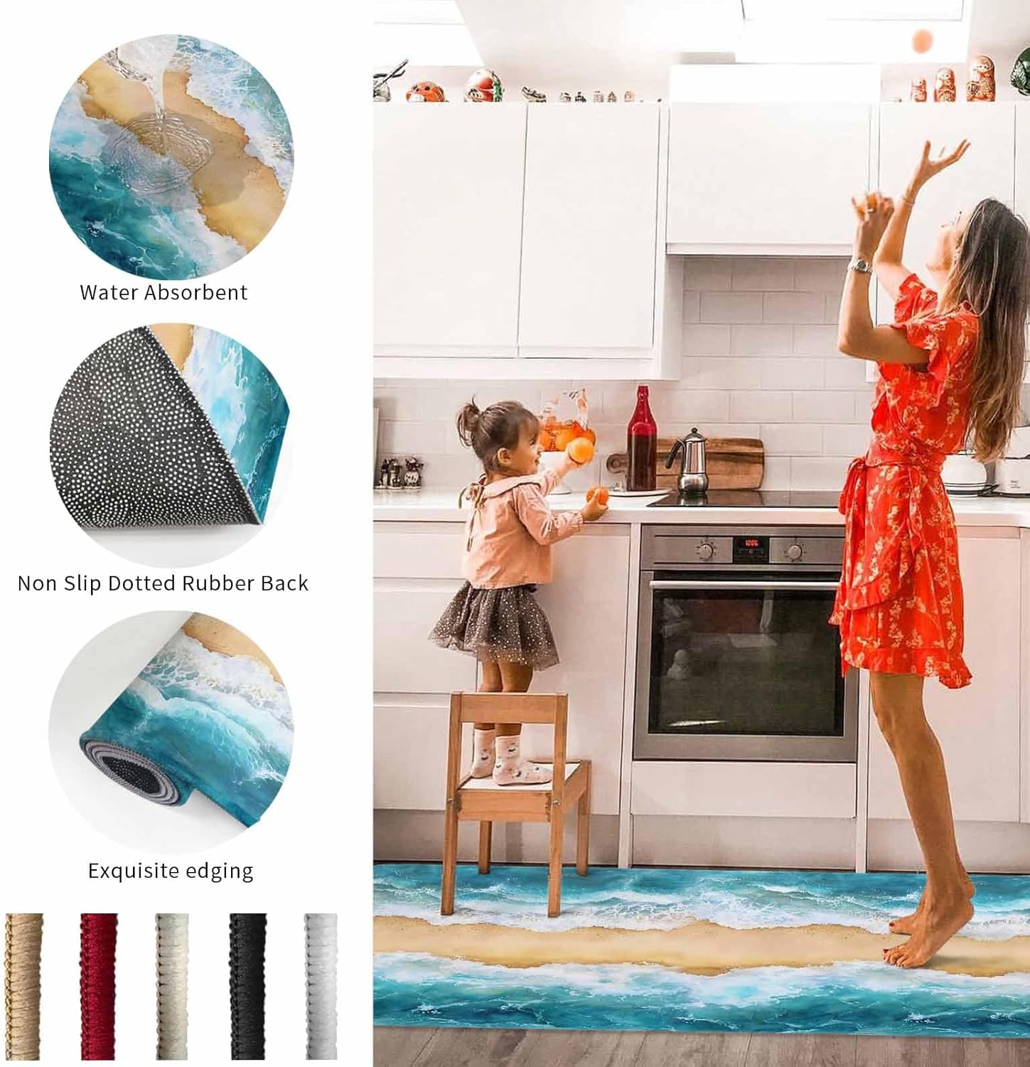 2 Pieces Kitchen Rugs and Mats,Nautical Ocean Sea Wave Area Runner Rug Set Non Slip Floor Doormat Washable Carpet Standing Mat for Kitchen Sink Indoor Corridor,Watercolor Summer Beach Theme
