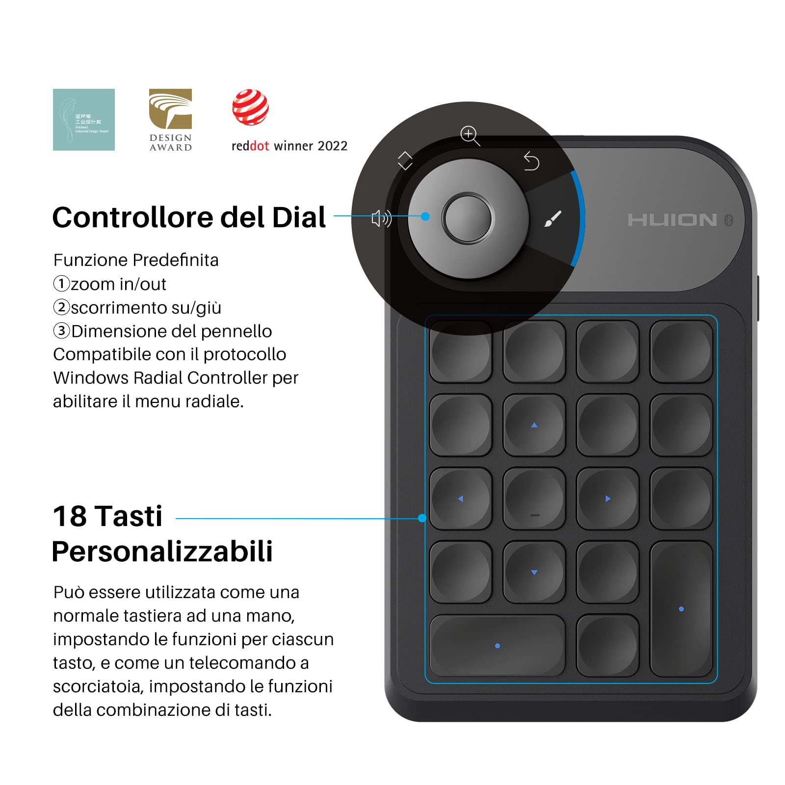 HUION Keydial Mini K20 Tastiera Remota Bluetooth 5.0 per Display da Disegno e Tavoletta Grafica con Controller a Quadrante+18 Tasti Personalizzati, Tastiera Portatile per PC, Laptop, Mac