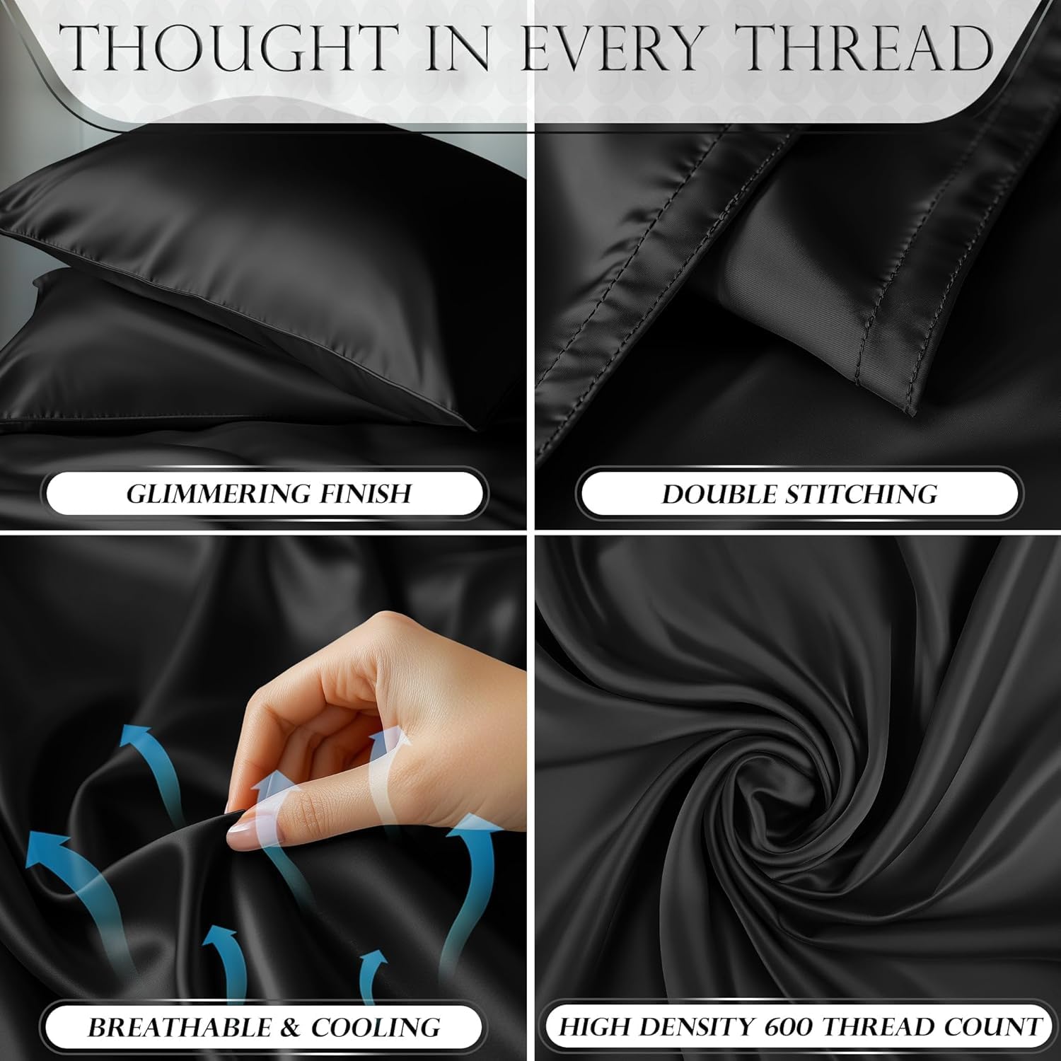 DECOLURE Parure de lit 4 pièces, 8 Couleurs, en Satin de Soie – avec 2 taies d'oreiller, Drap-Housse en Satin – pour lit Double – Noir