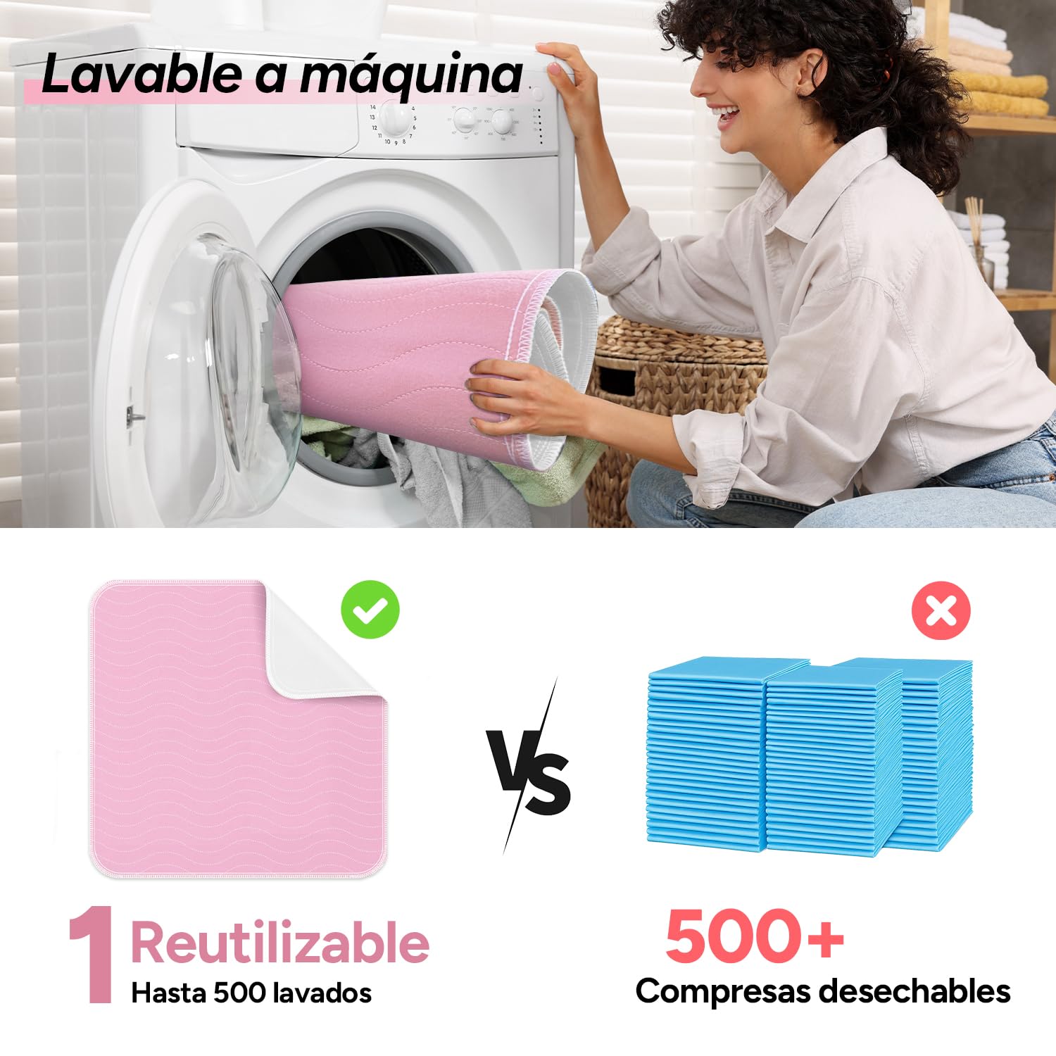 WHYWORRY Empapadores Cama Adultos Lavables 86 x 91 cm para Incontinencia, Protector Cama Impermeable Reutilizable Absorbente, Salvacamas Impermeable, 4 Capas de Protección, Oeko-Tex, Rosa, 4 Unidades