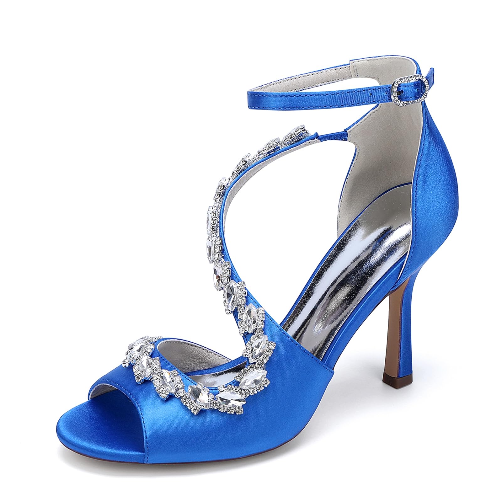 Satén Sandalias De Novia con Pedrería Stilettos para Mujer Punta Redonda Punta Abierta Tiras Zapatos De Boda