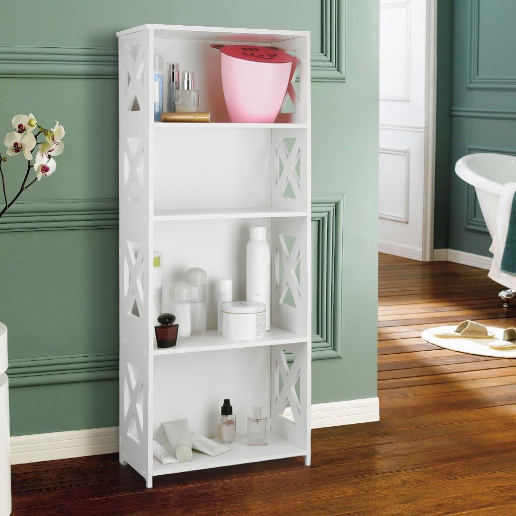 Finether 4-Tier Modular Side Cross Cut-Out Wood Plastic Composite Shelf Unit White Bookcase Storage Organizer Display, SGS Certified
