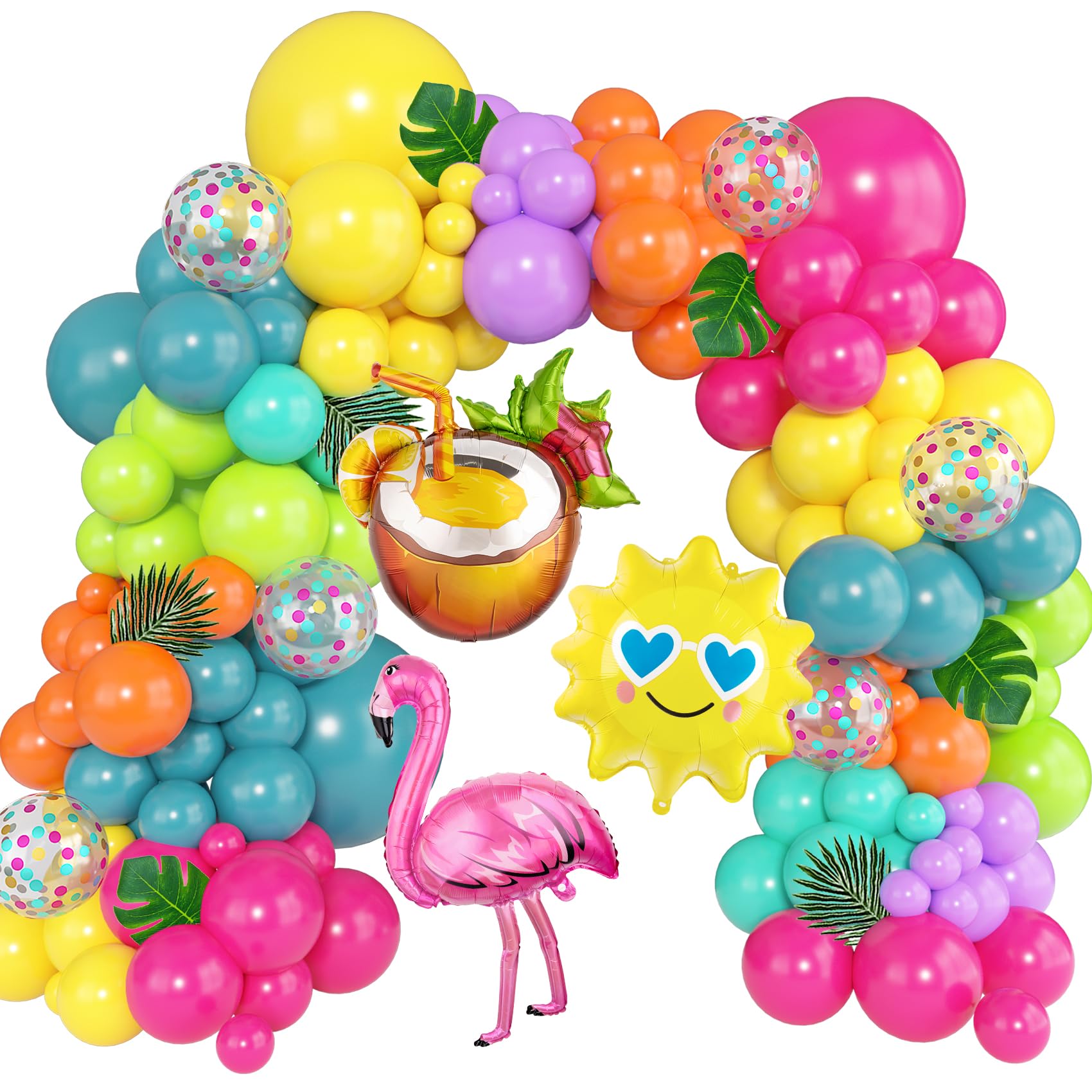 Photo 1 of 168Pcs Summer Tropical Balloon Arch Garland Kit, Rainbow Hot Pink Green Orange Blue Purple Sun Coconut Flamingo Foil Balloons for Hawaiian Luau Aloha Baby Shower Birthday Party Decorations Supplies