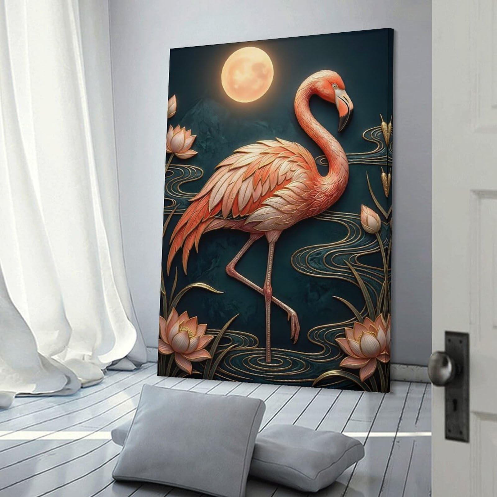 Junmoney Flamingo And Lotus Moonlit Scene Wall Art Print, 24x36inch(60x90cm), for Bedroom Decor, Cosy Corners Or Studios, Decorative Wall Art for Cosy Rooms