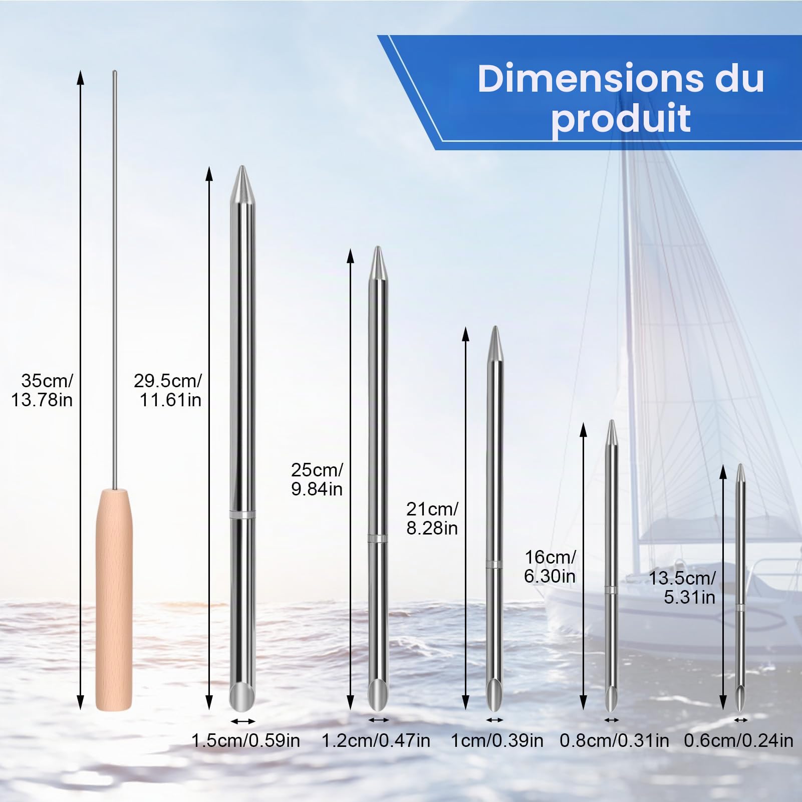 Kit de 7 outils d'épissure de corde FID en acier inoxydable avec 5 tailles de fils métalliques de 6,3 mm, 0,9 cm, 1,9 cm, 1,2 cm, 1,27 cm