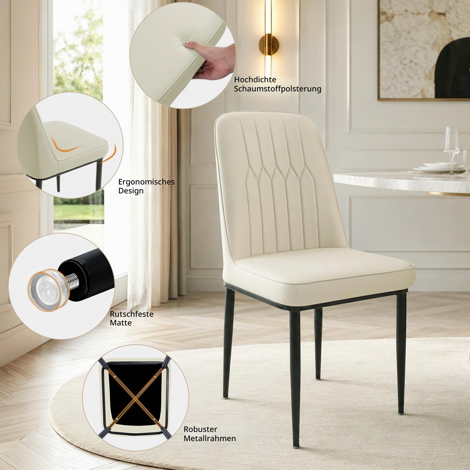 Durrafy Esszimmerstühle 2er Set aus Kunstleder, Gepolsterte Küchenstühle mit Hoher Rückenlehne, Moderne Polsterstühle mit Metallbeinen, Robuste Esszimmerstühle für Esszimmer Küche Wohnzimmer, Creme