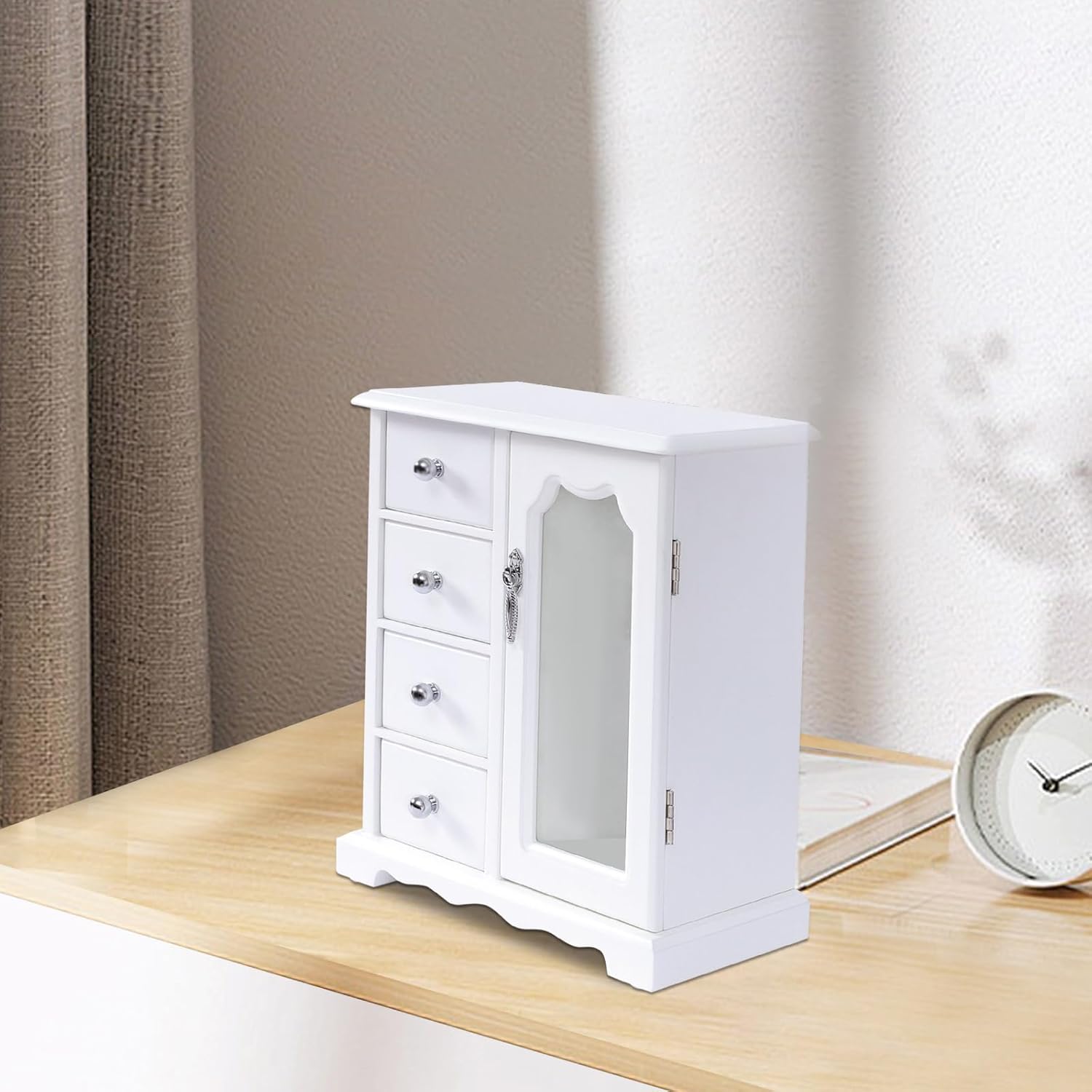 White Jewelry Box, Jewelry Organizer with 4 Drawers, Double Door Design, Fashionable MDF Jewelry Box for Home Use, Built-in Necklace Carousel and Large Mirror, 9 * 5 * 11.2in