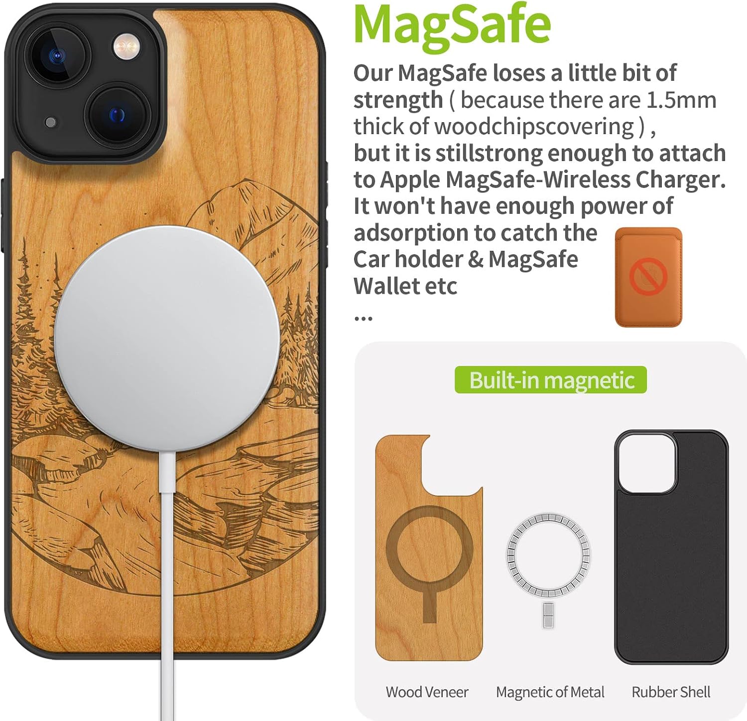 Carveit Magnetic Wood Case for iPhone 13 Case [Natural Wood & Black Soft TPU] Unique Wooden Shockproof Protective Cover Compatible with magsafe (Natural Landscape -Cherry)