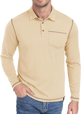 ZITY Mens Casual Long Sleeve Polo Shirts Classic Button Cotton Work T-Shirt Collared Basic Golf Shirt with Pocket