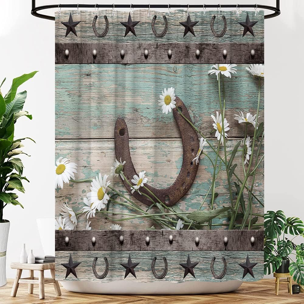 Rustic Horseshoe Shower Curtain Teal Daisy Floral Farmhouse Spring Country Natural Vintage Wood Board Texas Western Star Fabric Bathroom Decor Curtains with Hooks, 86" Wx70 H