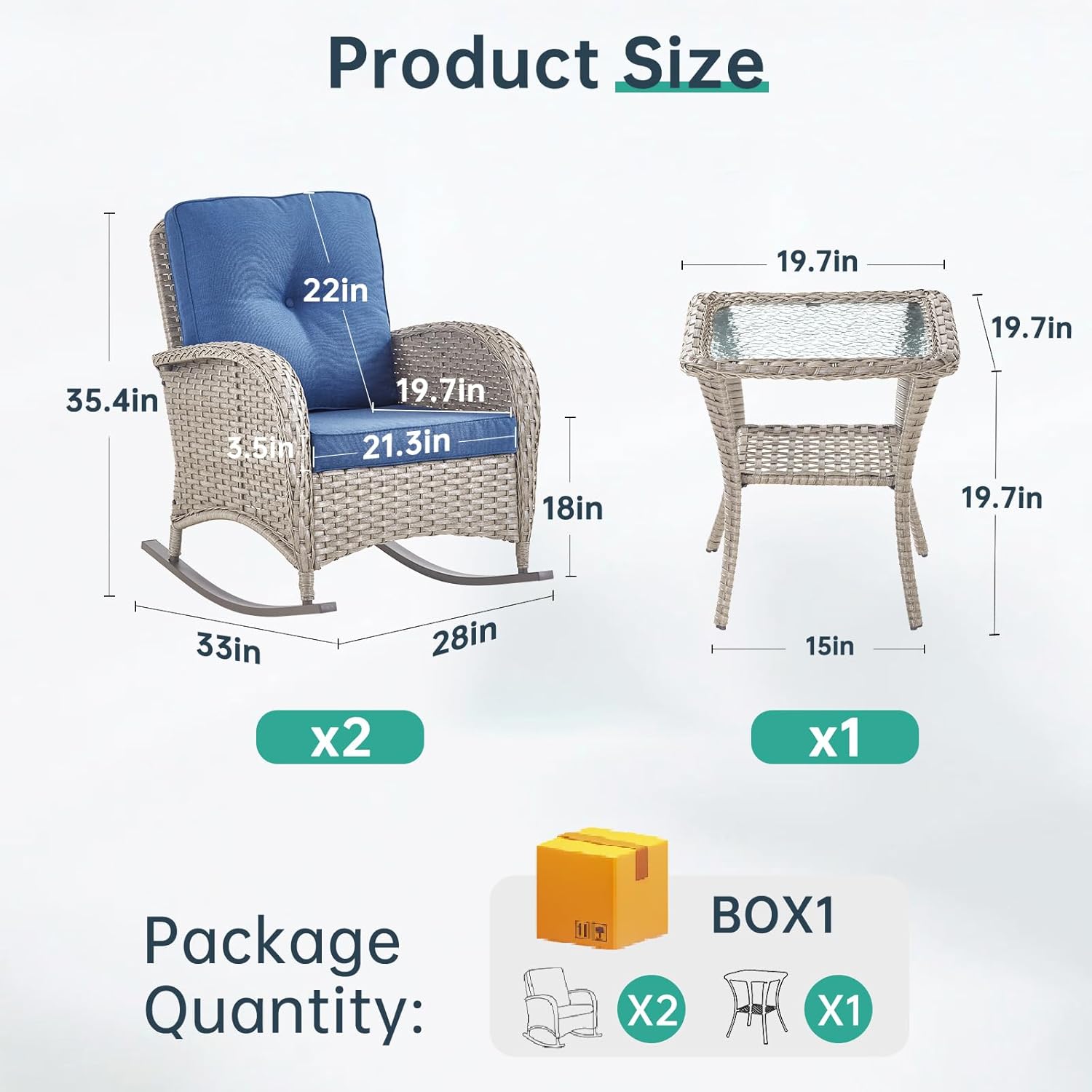 Patio Rocking Chair - 3 Peices Outdoor Wicker Rocker Porch Chair Set with Tempered Glass Side Table, 300 Lb Weight Capacity Rattan Seating for Balcony Garden - Light Beige/Blue