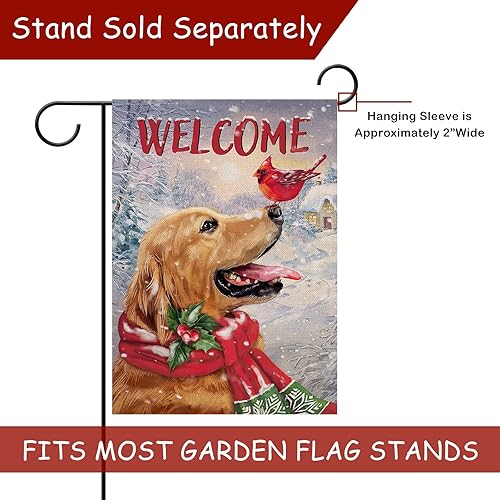 Miniatura 2 de Bandera decorativa de invierno con texto en inglés "Welcome Winter Golden Retriever" para perro, cachorro, cardenal, pájaro rojo, mascota, patio,