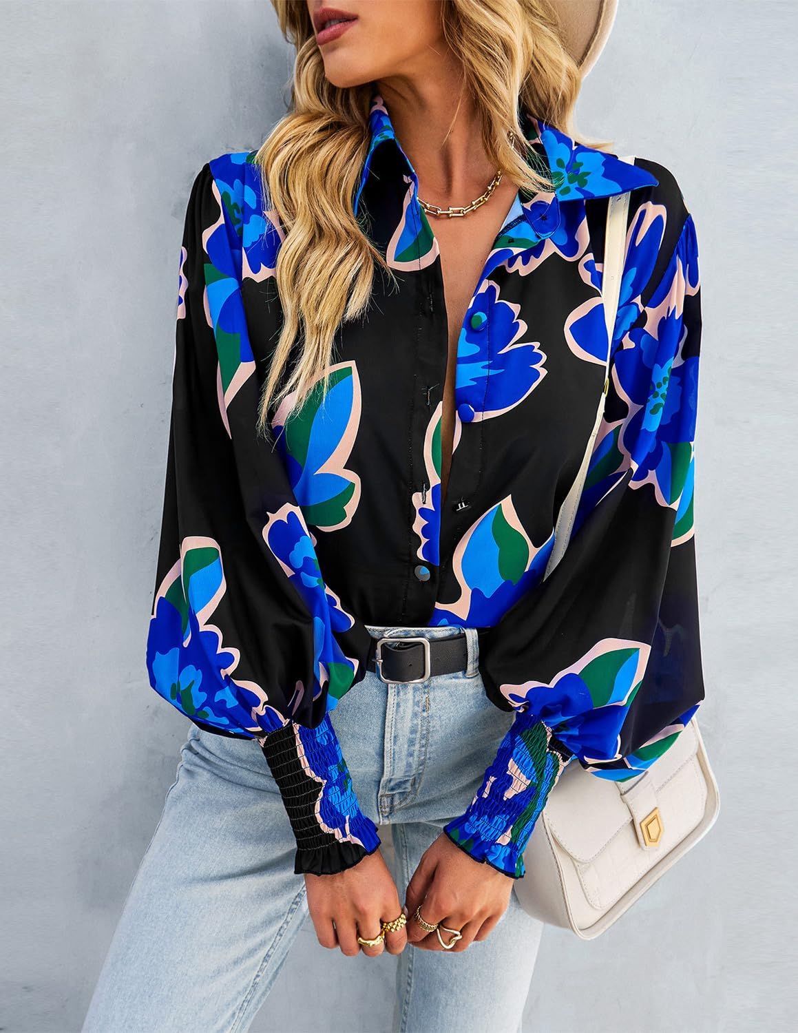 Long Sleeve Button Down Shirts for Women Dressy Casual Blouses Oversized Floral Tops with Lantern Sleeve - Image 3