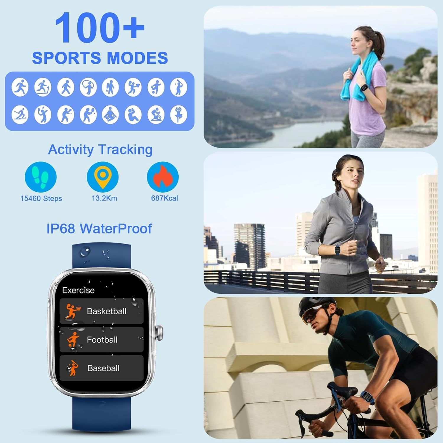 Matast Smart Watch displaying various sports modes and activity tracking metrics.