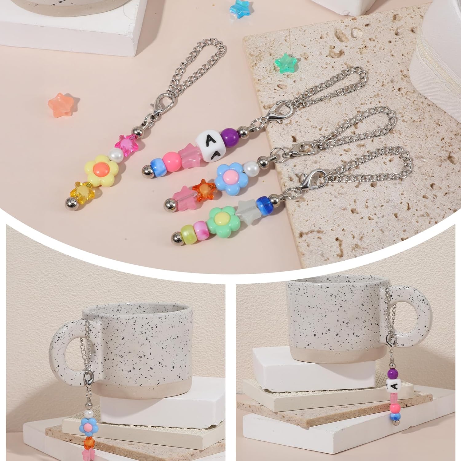 46 Pcs Beaded Cup Charms for Tumblers Compatible with Stanley Charm Accessories with Handle Cup, Silver Beadable Keychains Bulk Bar Chain DIY Blank Beaded Bottle Accessories
