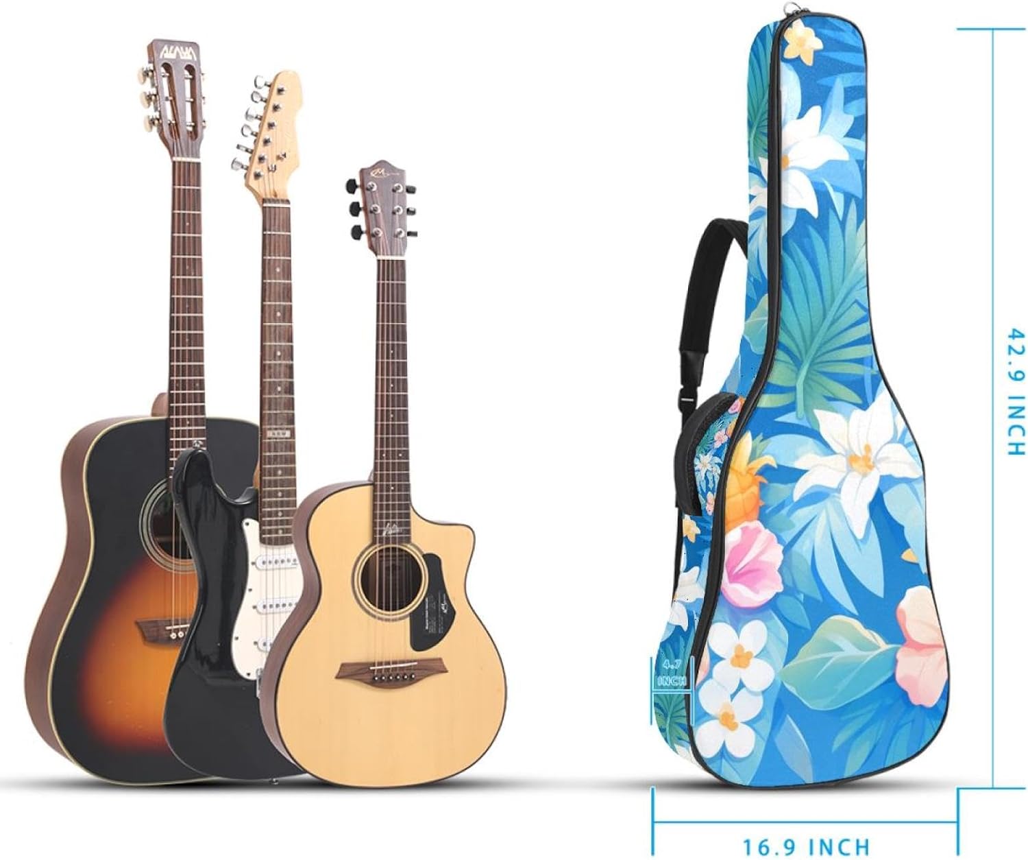 Colored Pineapple Guitar Bag 40 41 42 In 2 Pockets Guitar Case Waterproof Guitar Case Resistent Oxford Cloth 0.4 In Extra Thick Sponge Padded for Acoustic Guitar