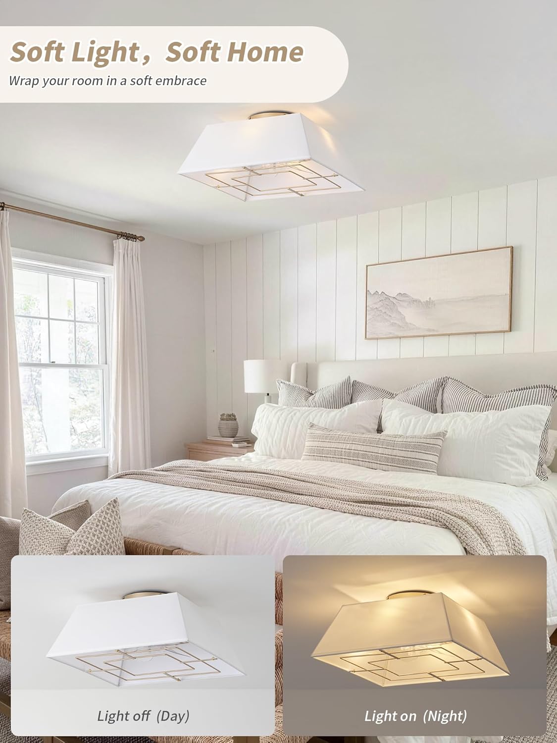 18" Square Flush Mount Ceiling Fans with Lights, Caged Boho Ceiling Fan with Light Remote Control, Low Profile 6 Speeds for Bedroom, Living Room, Kitchen (White)