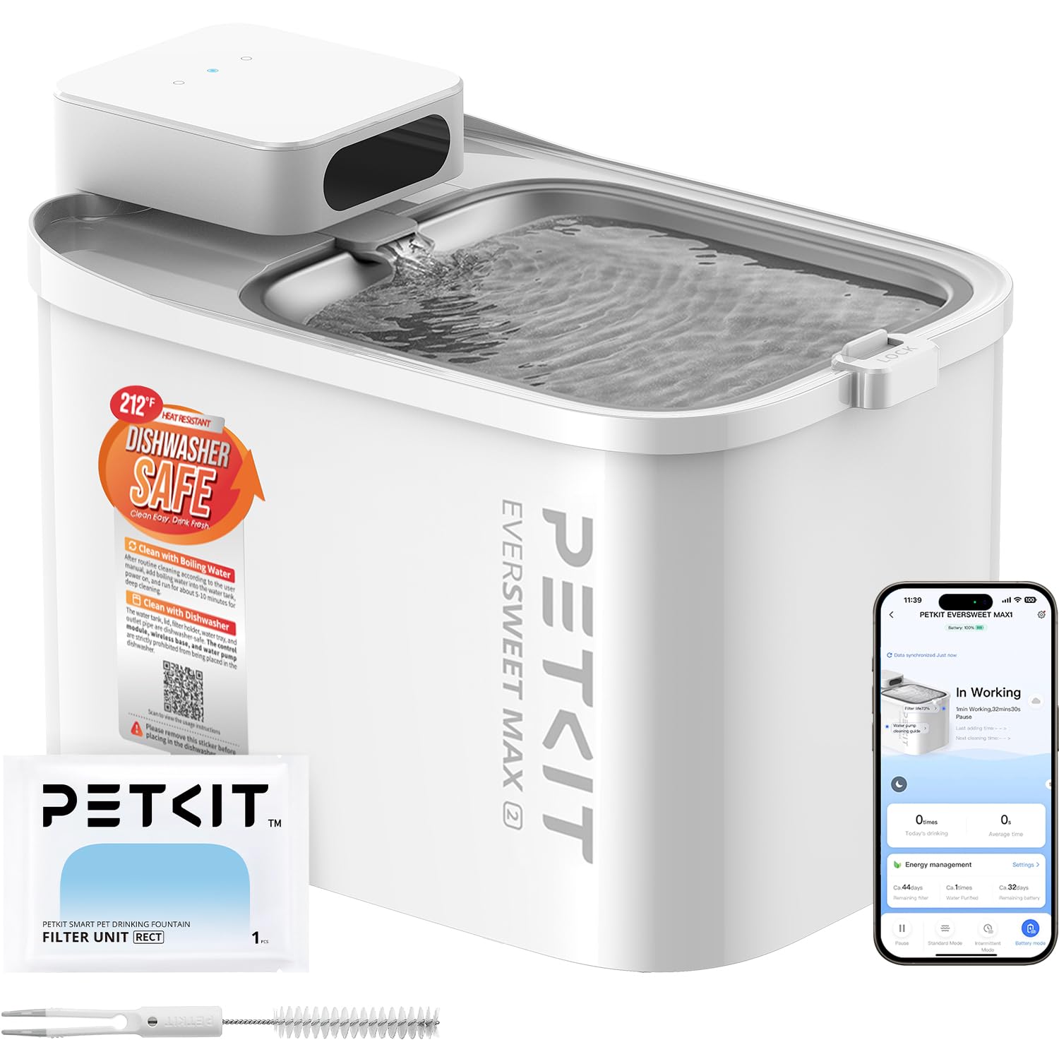 PETKIT EVERSWEET MAX 2 Fontanella per Gatti Senza Fili, 3L Fontana per Gatti con Sensore, Lavabile in Lavastoviglie, 25dB Ultra Silenziosa, Controllo App Intelligente, 5000 mAh Grande Autonomia