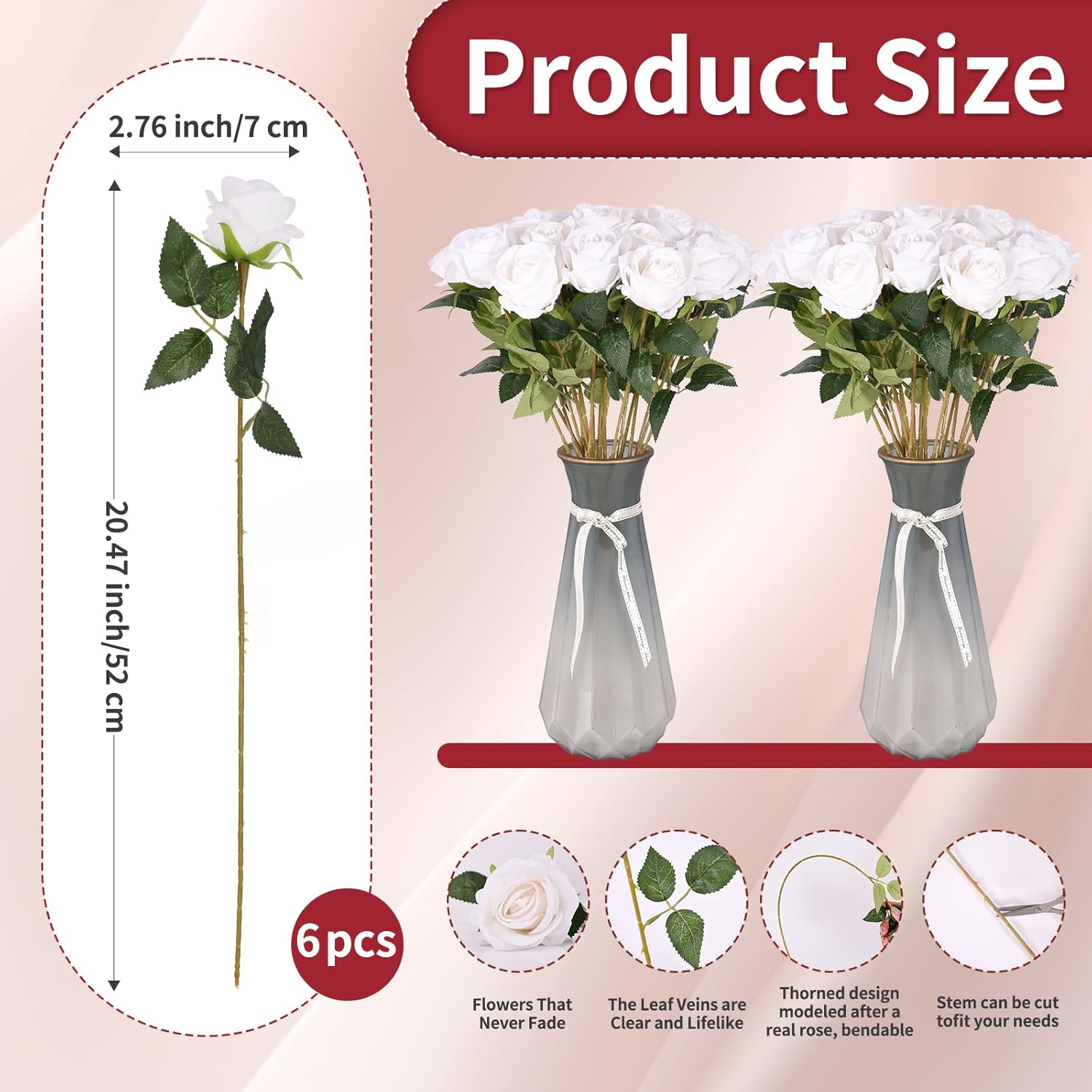 6pcs Fake Roses Artificial Flower, Bridal Rose Bouquet Faux Roses with Stems for Wedding Flower Decoracion, White Artificial Roses, Valentine's Day, Wedding & Home Decor - Image 2