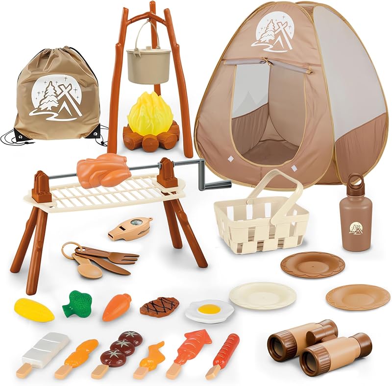 Juego de camping para niños con tienda emergente - Kit de juguetes para acampar para niños, liviano e impermeable, para bebés, niñas, niños pequeños, regalos de cumpleaños de Navidad, juguetes para niños de 3, 4, 5, 6 y 7 años (AMA005-1-1)