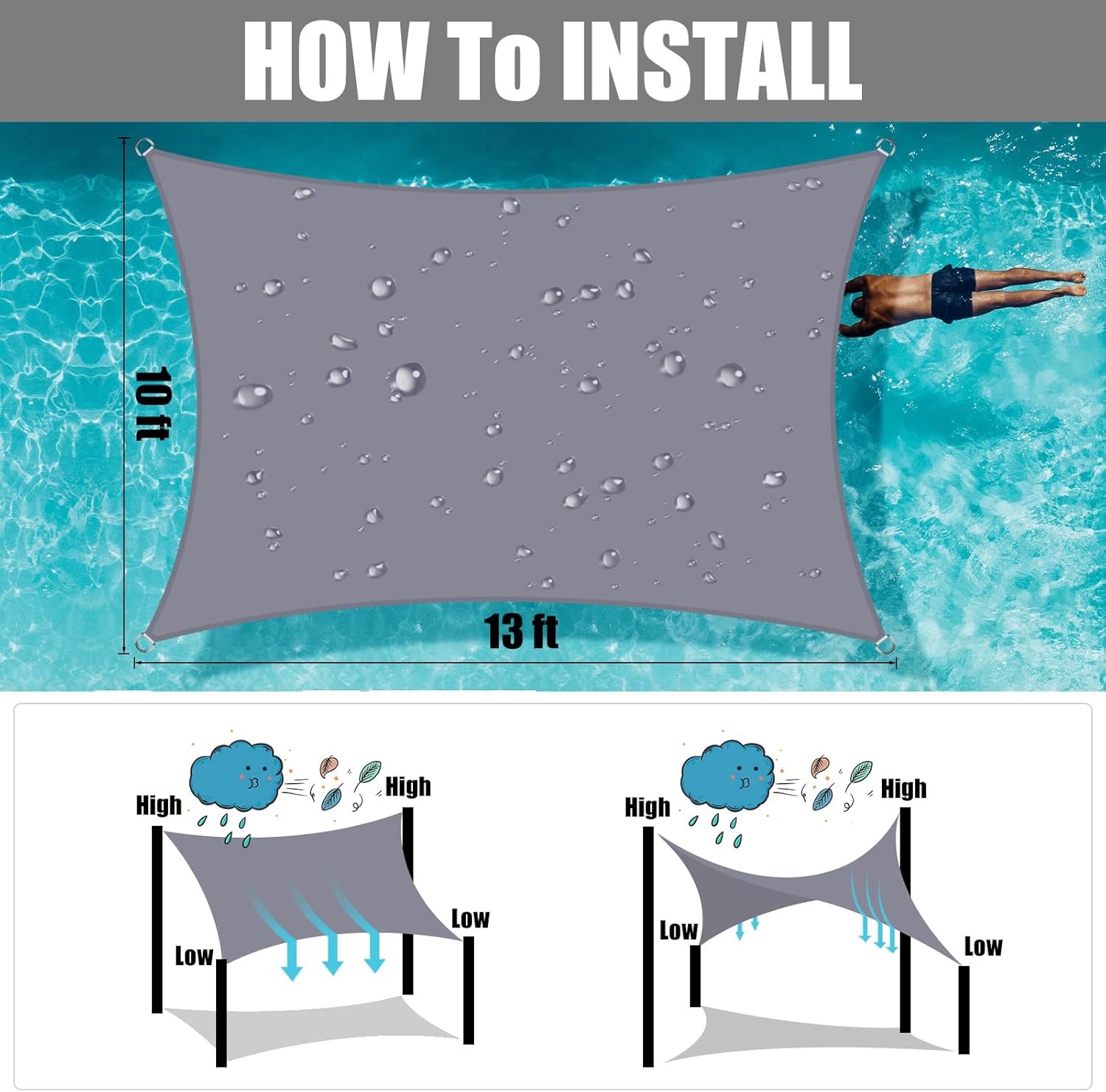 Neween Waterproof Sun Shade Sail Rectangle UV Block Canopy for Outdoor Patio and Garden, Yard Activities (10'x13', Gray)