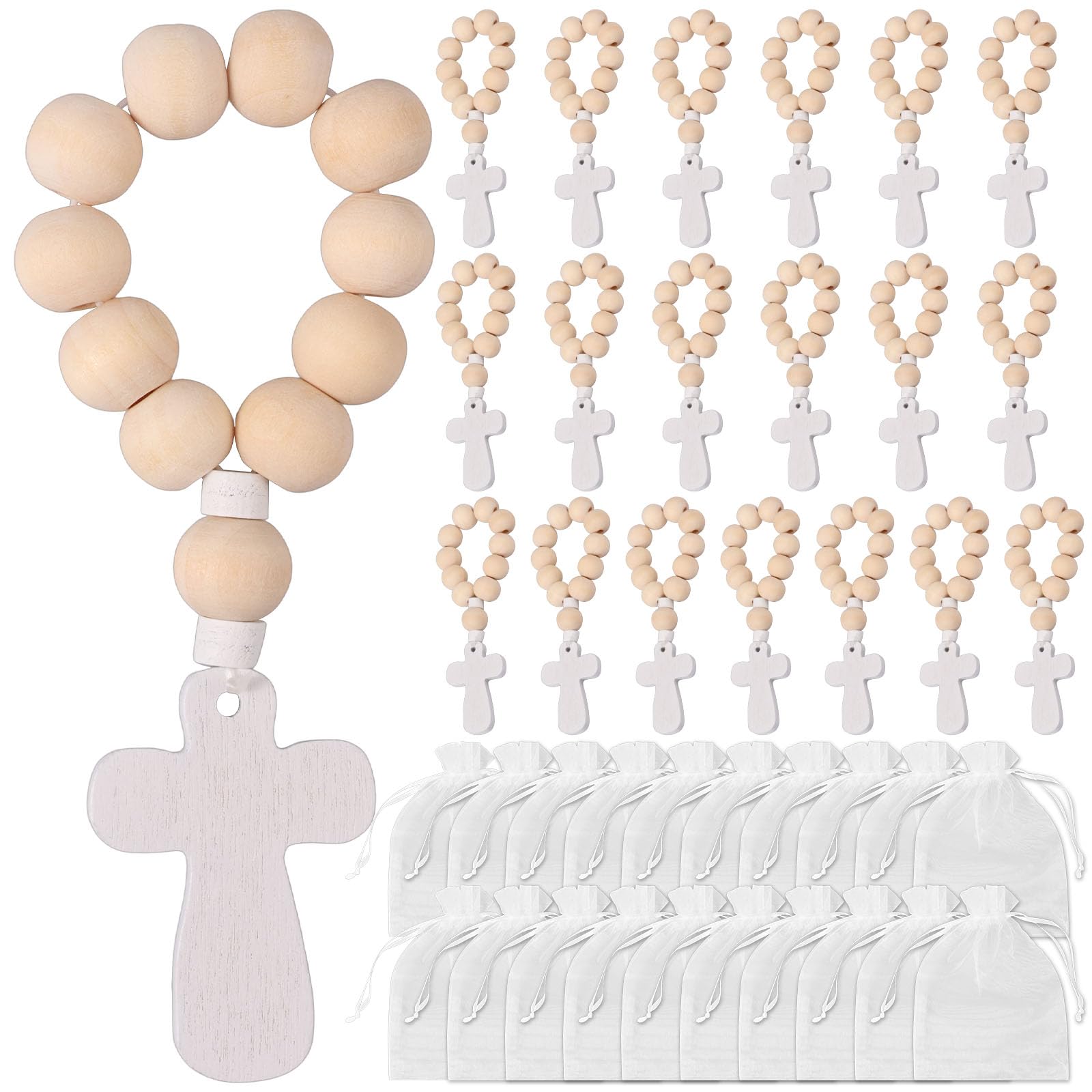Ghshanog Log Color 20Pcs Wood Beads Rosary, Beads One Decade Rosary Bracelet With Crucifix, Cross Pendant Napkin Ring With White Mesh Bag For Baptism First Communion Confirmation Baby Shower Bridal Shower