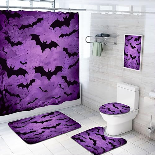 4 Pcs Halloween Bathroom Shower Curtain Set with Rugs,Toilet Lid Cover, Bath Mat Cartoon Gothic Style Black Bats Dark Purple Bathroom Shower Curtain with 12 Hooks Accessories Decorative