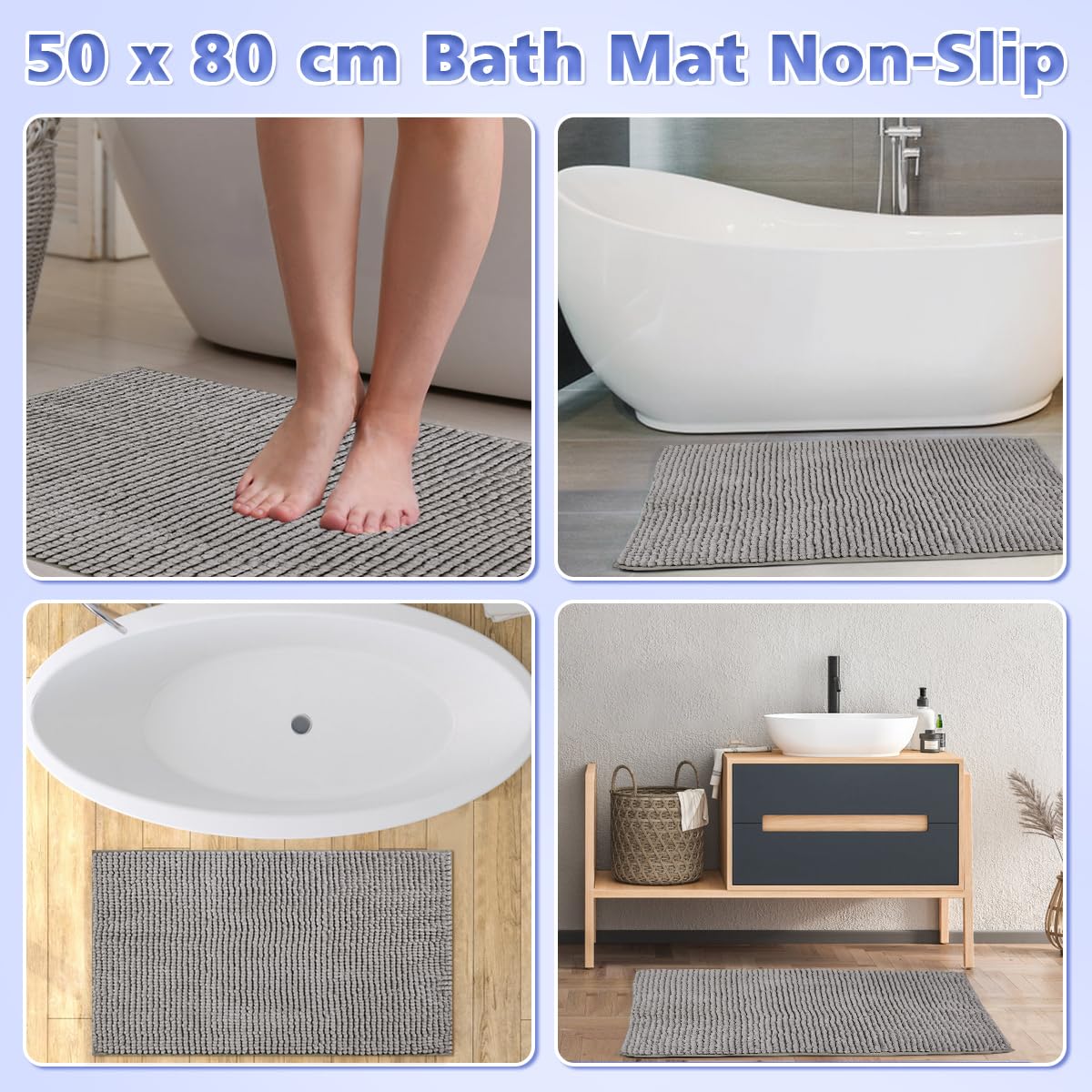 KYYGKY Tappeto Bagno Assorbente Tappetino Bagno Tappeto Doccia Assorbente Tappeto per Bagno Tappetino Bagno Antiscivolo Tappeto Grigio Tappeto Pelo Lungo 50 x 80cm/19.69 x31.5inch Tappetini per WC