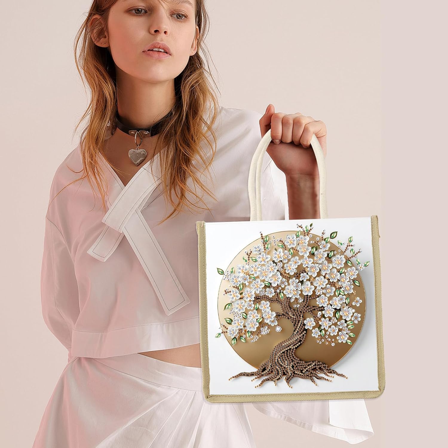 antor DIY Diamond Painting Canvas Tote Bag with Blooming Tree and White Flowers, Crystal Diamond Art Handbag for Adults, Reusable Hand Storage Bag with Handles, Portable Storage Bag for Woman Man