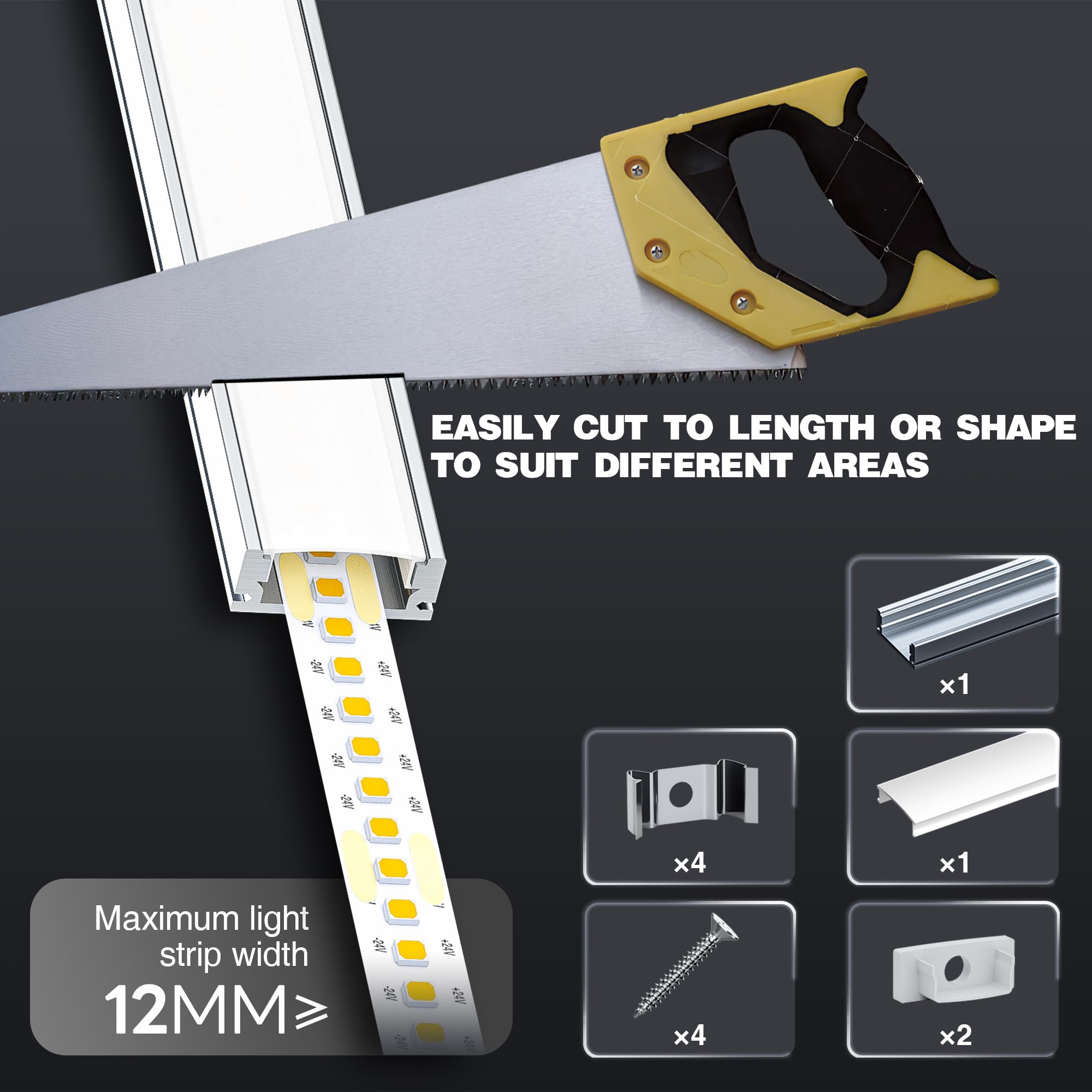 Shine Plus LED Schiene 2m, 6 Stück U Form LED Aluminium Profil，Led Kanäle mit Milchig Weißer Abdeckung, led Diffusoren mit Endkappen und Montageclips Die Innenbreite des Profils beträgt 12,4 mm