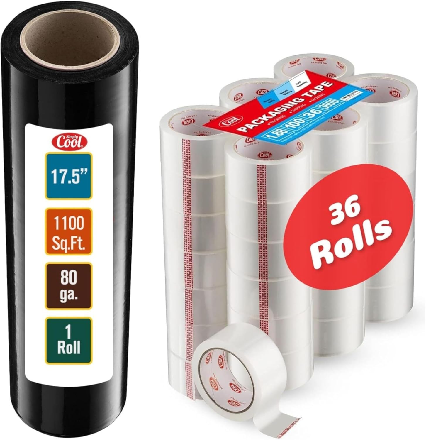 Simply Cool 1 Pack 17.5 inch Black Stretch Wraps and Packing Tape 36 Pack of 100 Yards Per Roll Heavy Duty