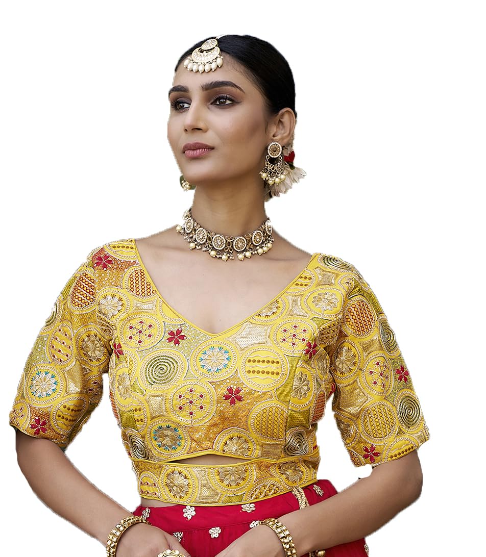 Pujia Mills Women's Blouse Readymade Blouse Embroidery Multi Coding Gold Thread Blouses Handwork Yellow Color Readymade Saree Blouse For Women For Saree And Lehenga Choli (A2420 Yellow 36)