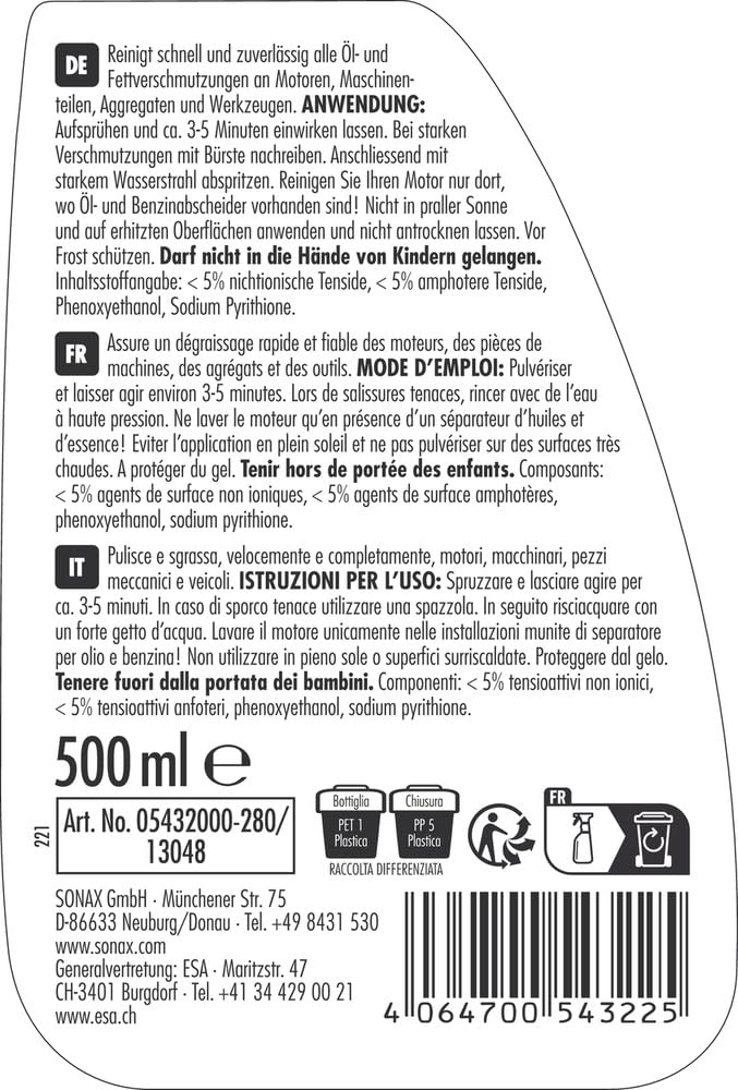 SONAX Nettoyant moteur (500 ml) pour un dégraissage rapide et efficace des moteurs et outils | Réf: 05432000