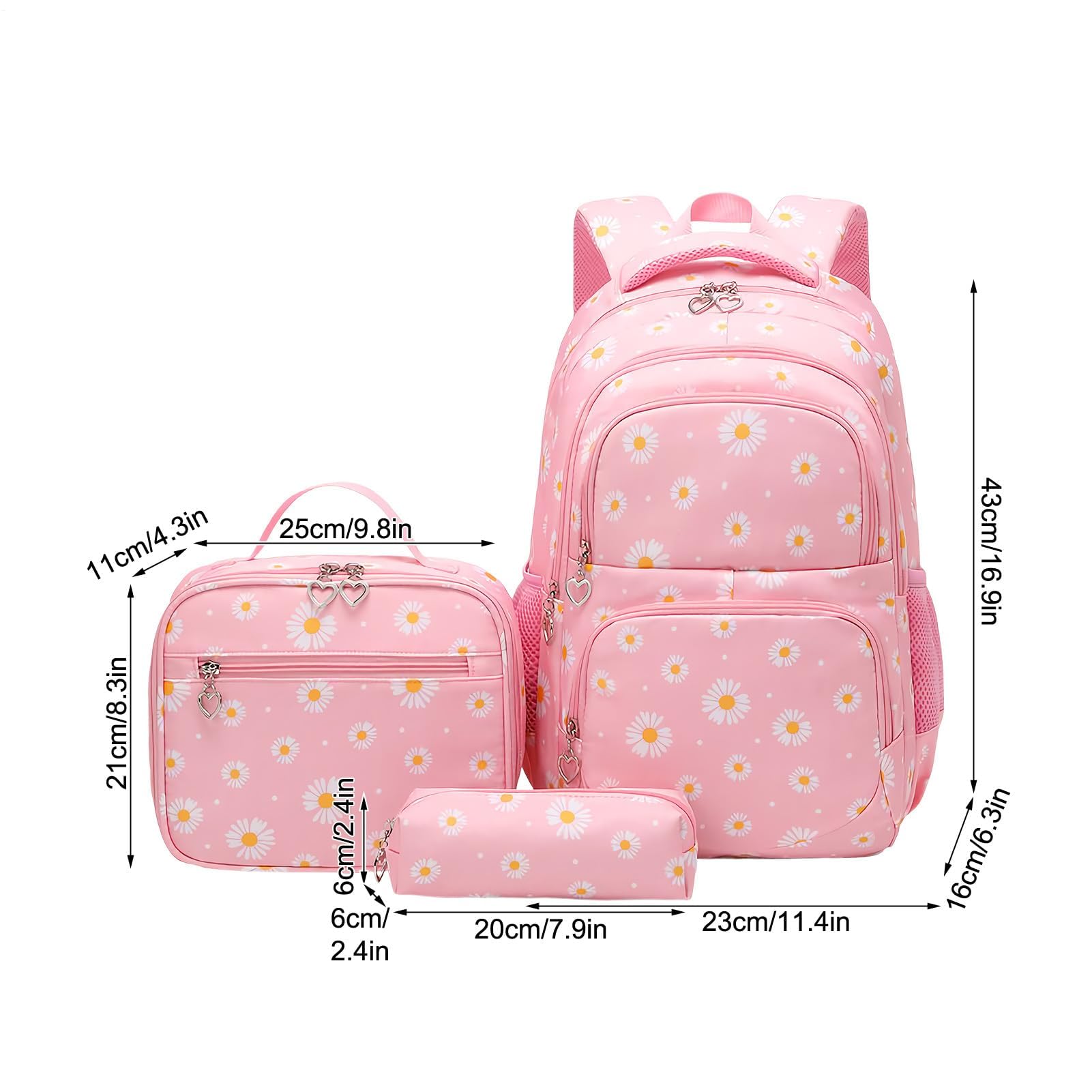 Set di zaino per studenti, graziosa borsa per libri scolastici per viaggi e studio, tessuto in poliestere leggero, multi-tasca, cuciture rinforzate, include borsa per il pranzo per l'uso quotidiano