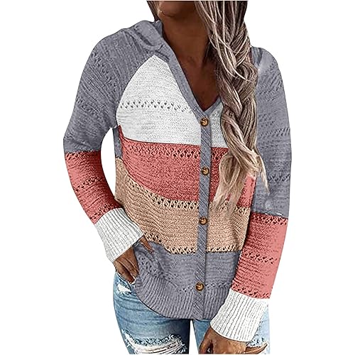 Fudule Women's Pullover Sweaters,Lightweight V Neck Pullover Color Block Hoodie Striped Hollow Out Sweater Knit Blouse
