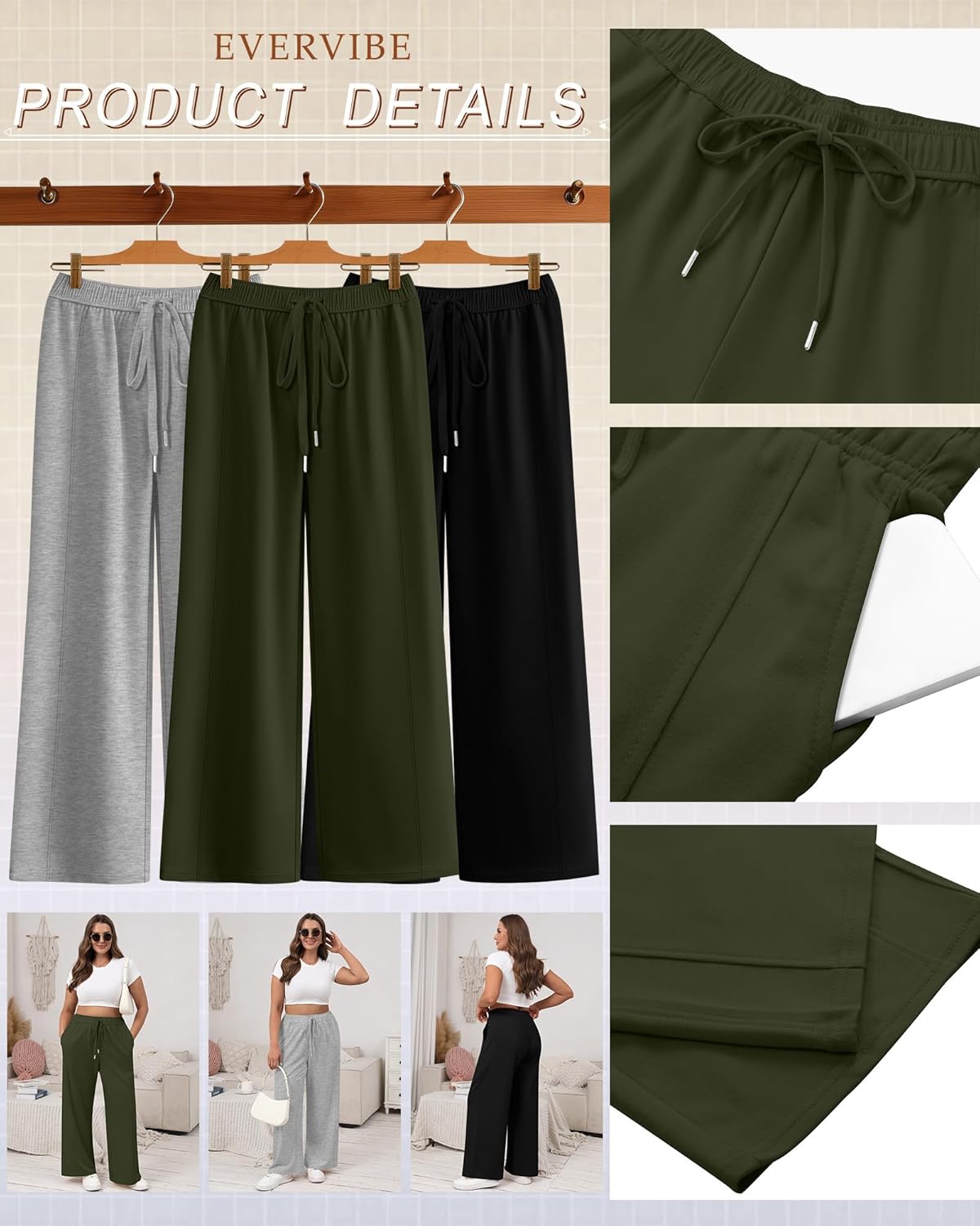3 Pack Women's Plus Size Wide Leg Pants Trendy Double Side Seams High Waist Lounge Yoga Sweatpants with Pockets - Image 5
