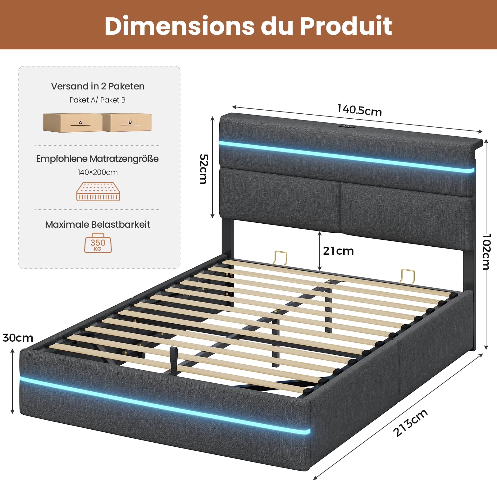 AOGLLATI Bett 140x200 mit Hydraulischem Stauraum, Polsterbett Doppelbett mit LED-Kopfteil & Ladestation (3 USB + 1 Type-C), Jugendbett mit Lattenrost,Boxspringbett, Dunkelgrau Leinen(ohne Matratze)
