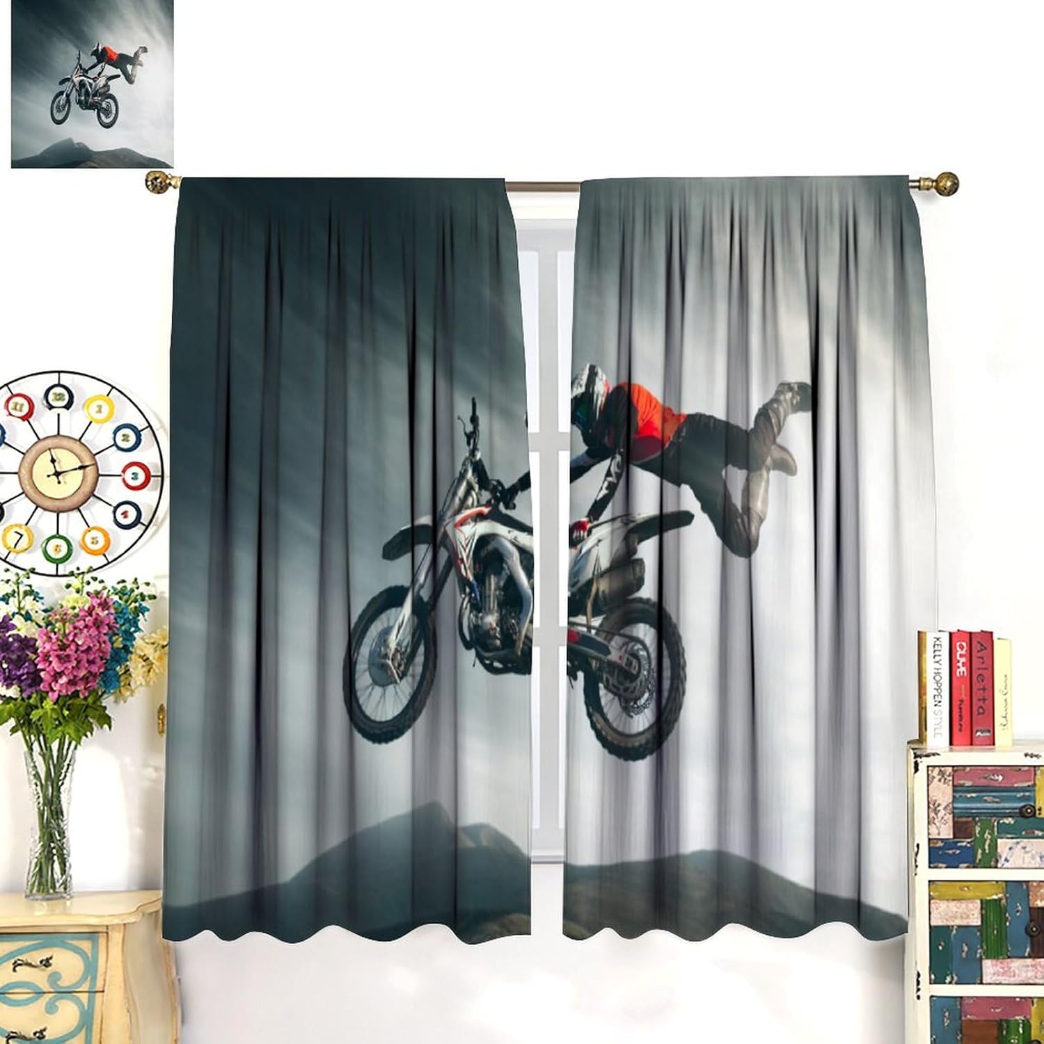 Dirt Bike Blackout Curtains Extreme Sports Motocross Rider Grey Sky Art Print for Kids Boys Men Bedroom Living Room Rod Pocket Decoration Window Drapes 2 Panels W21xL54in