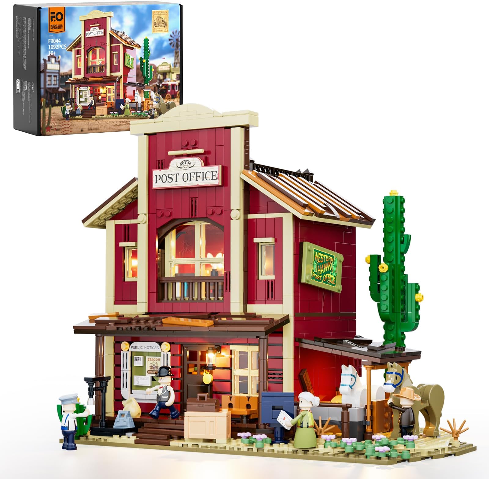 FUNWHOLE Old West Post Office Lighting Building-Bricks Set - 1692 Pcs The Wild West Town Collection Display Set for Adults and West Lovers