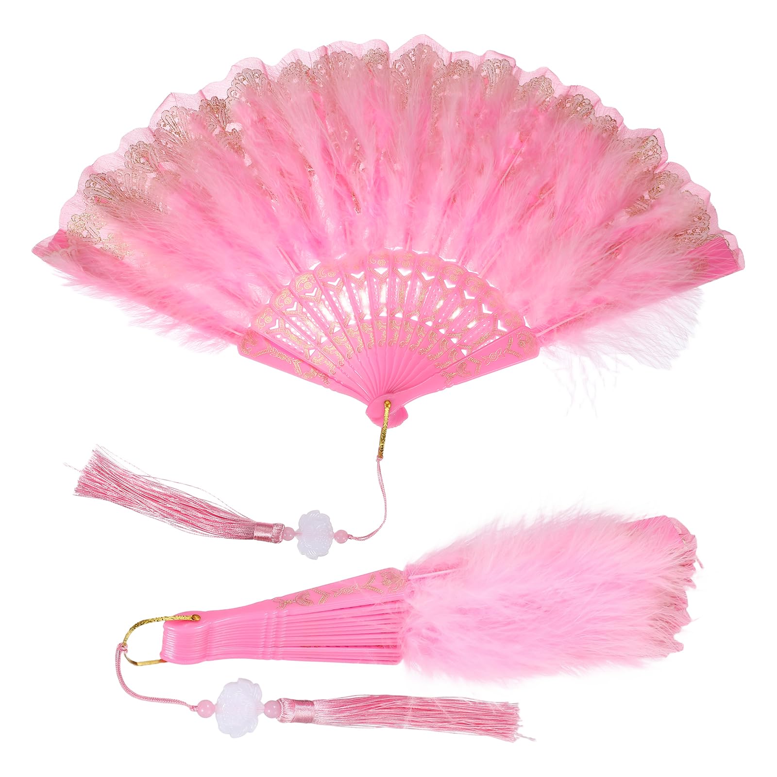 YELARXI Feather Hand Fan, Embroidered Flower Marabou Feather Fans, 20s Vintage Folding Fan Flapper -Fit For (Wedding/Dance Performance/Costume Dancing Show/Gift) 9" & 2Pcs & Pink