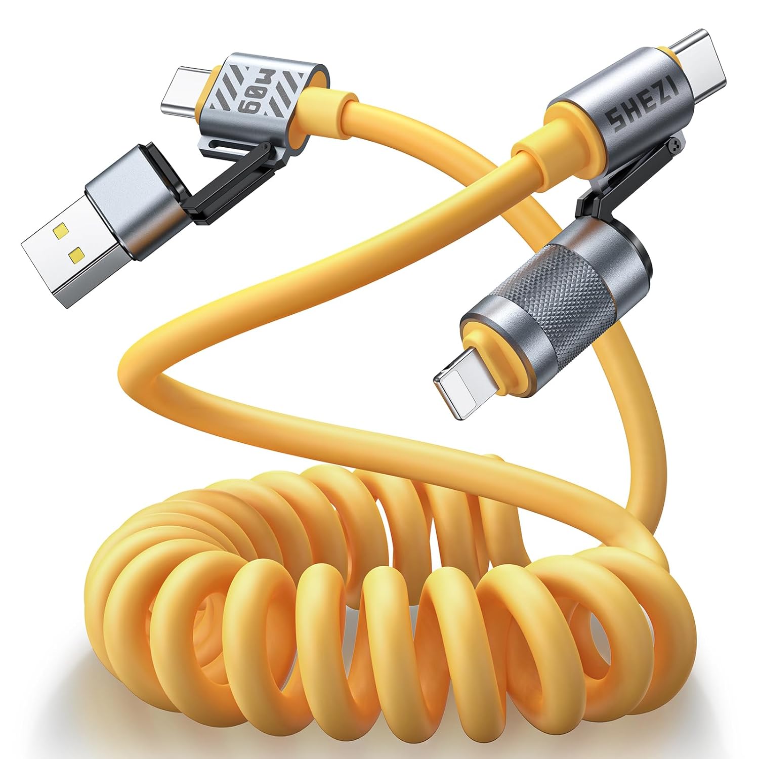 4-in-1 Coiled USB C Cable 60W for Car, Fast Charging Lightning Cable for iPhone iPad Charger Cord [CarPlay & Android Auto], Multi Cable with Lightning/Type C/USB A Port, 5ft (SHEZI Series)