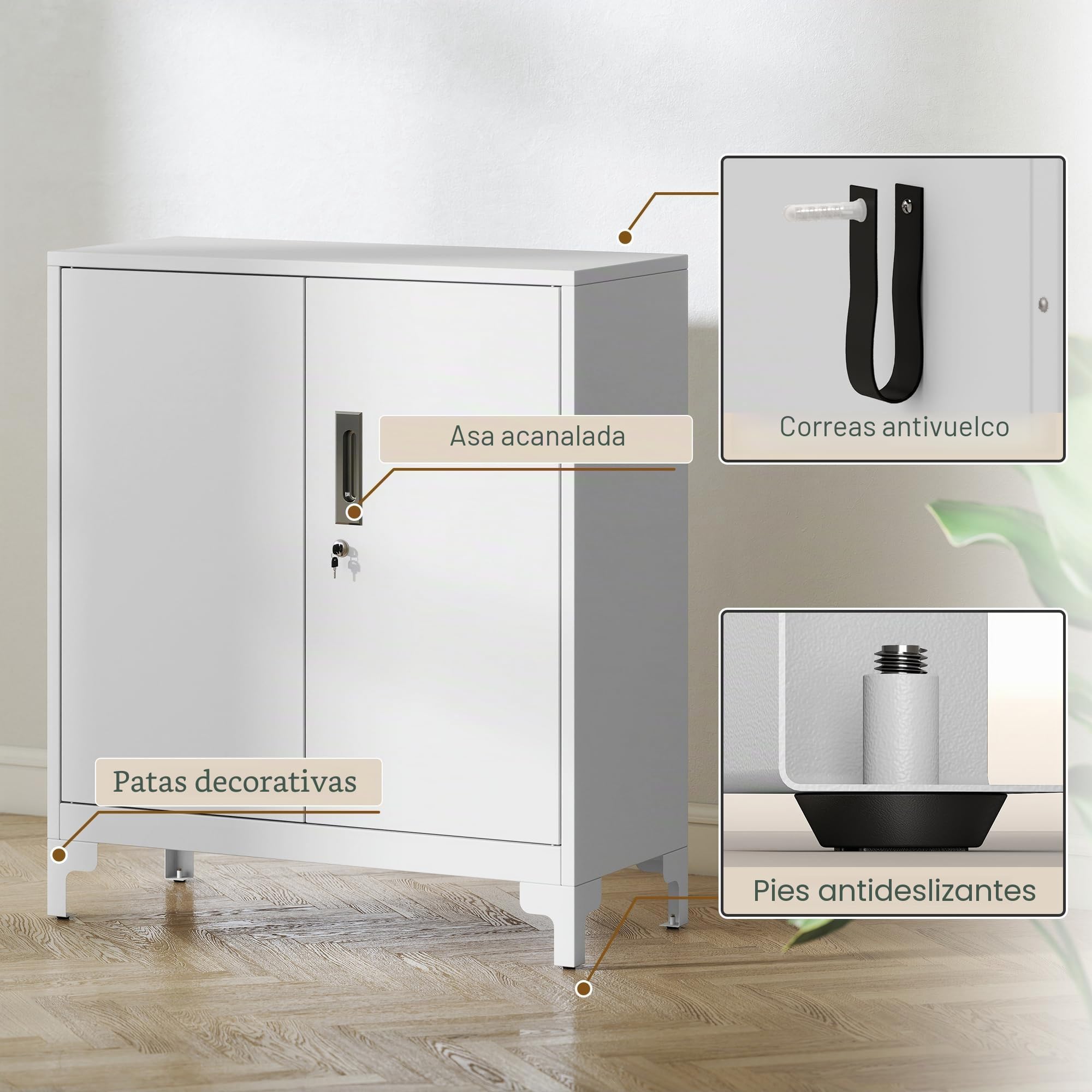 HOMCOM Armario Archivador Metálico con Cerradura, 2 Puertas y Estante, Fácil Montaje, Armario de Oficina Archivador para Estudio Garaje Sala de Estar 80x35x91 cm Blanco