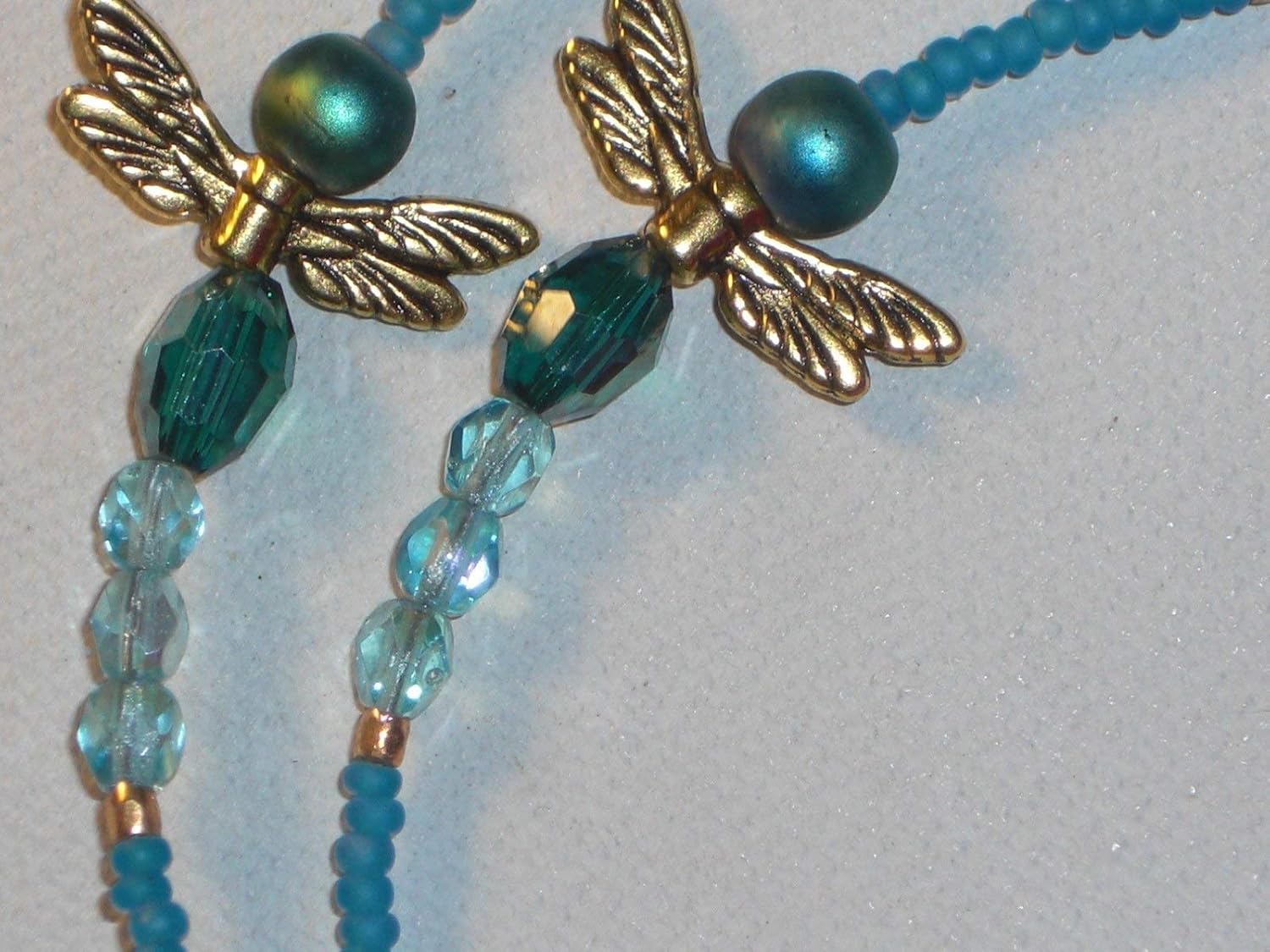 Dragonfly Lanyard Blue Hand Beaded ID Badge Holder Key Chain Necklace 36 inches