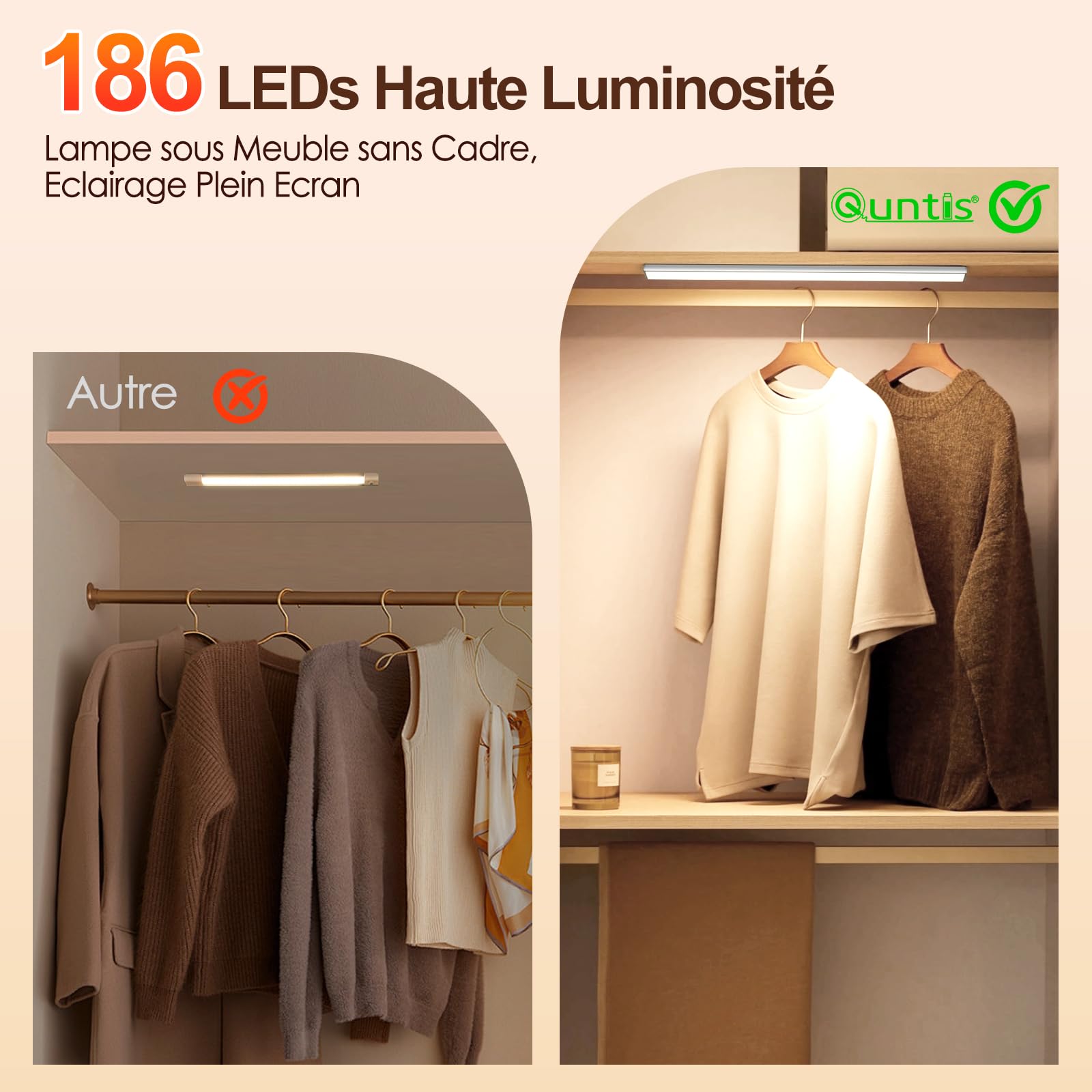 Quntis Reglette LED Cusine sous Meuble 40CM Aimantée, 186 LEDs Rechargeable USB Sans Fil Lampe de Placard à Détecteur de Mouvement Interieur 3 Couleurs Lumière Réglable pour Armoire Escalier Bureau