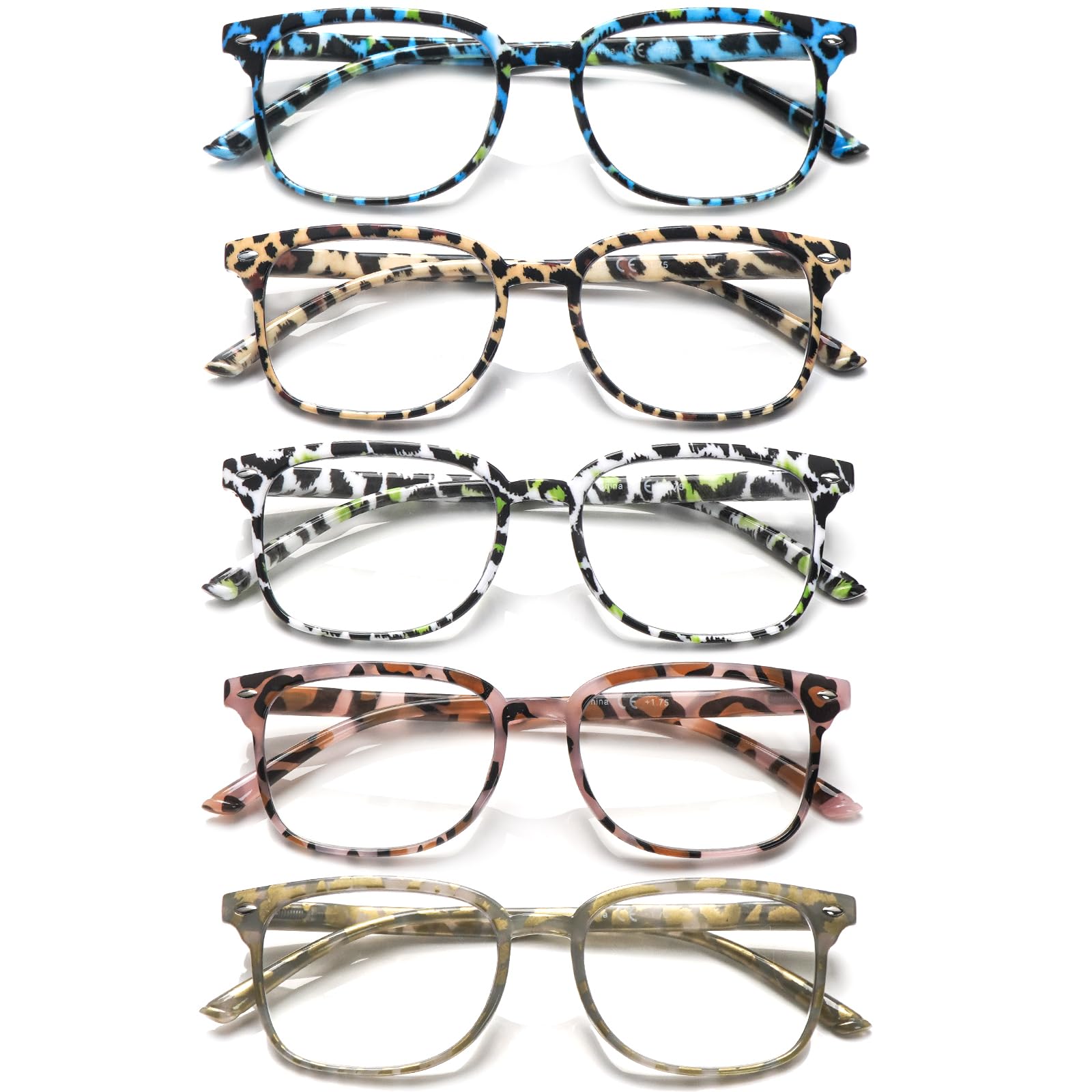 Pack de 5 gafas de lectura azul con bloqueo de luz para mujer, lector de ordenador con colgador de resorte